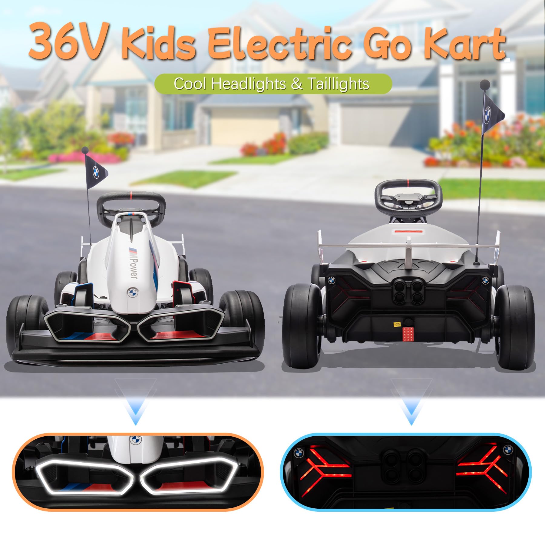 HyperMoto 36V Electric Go Kart for Kids, Licensed BMW Battery Powered Drift Racing Go Kart, 7.5 MPH Drift Kart with Dual 300W Powerful Motor, Kids Race Pedal Go Karting Car w/Adjustable Speed, White