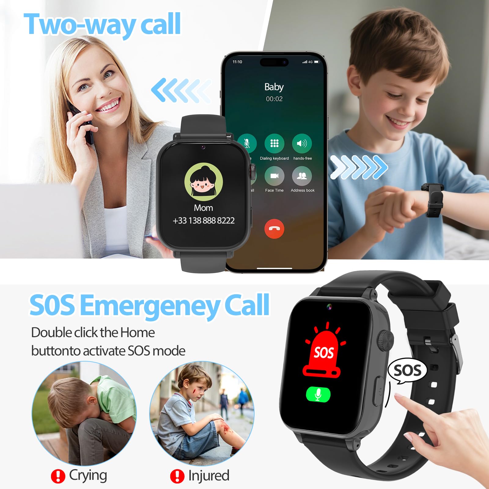 PTHTECHUS Montre Connectée Enfant GPS 4G, Smartwatch Téléphone pour Filles Garçons avec Appel SOS Podomètre Vidéo Mode Classe, Montre Cadeau pour Enfants 5-12 Ans (Noir)