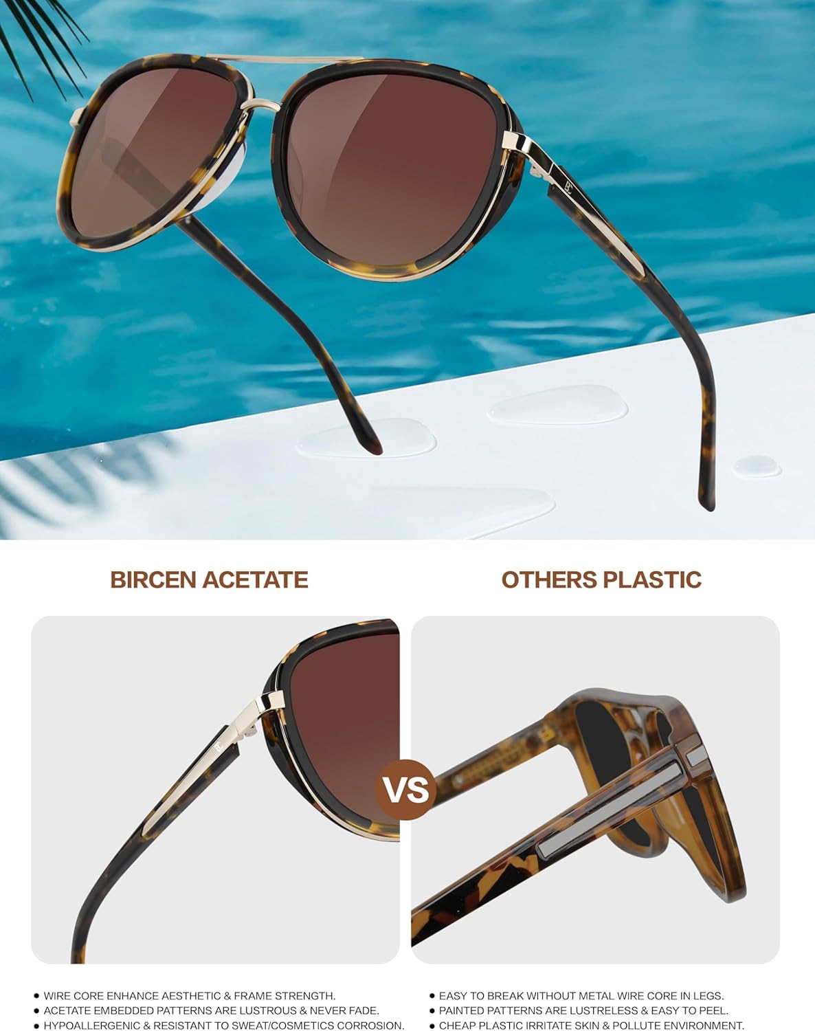 BIRCEN Polarized Sunglasses for Women UV - Protection Womens Retro Mirrored Shades with Acetate Frame BC2001