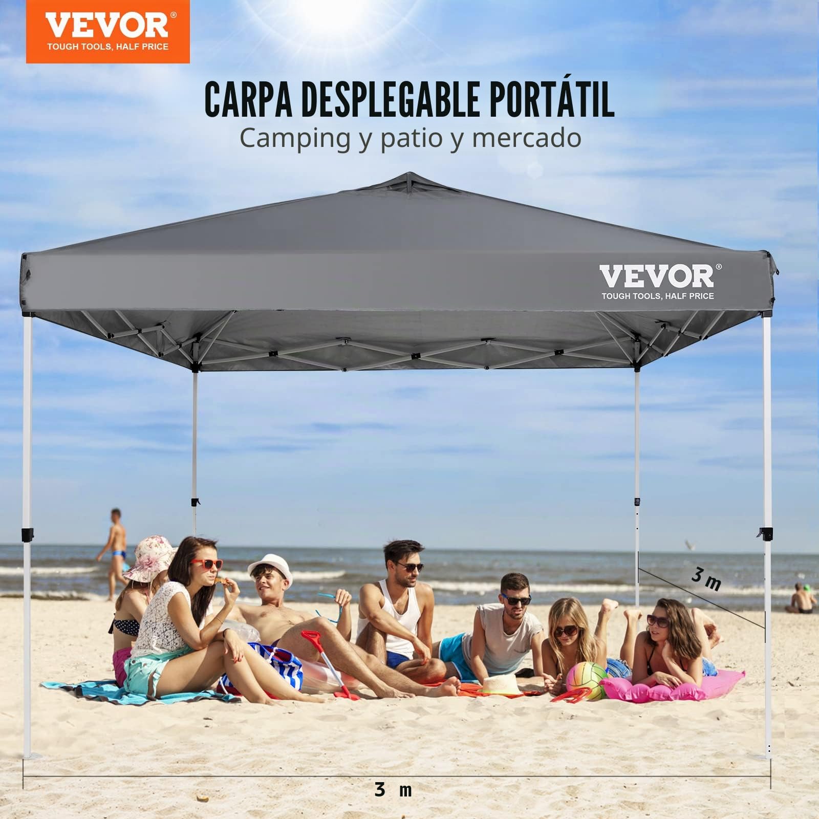VEVOR Carpa Gazebo Emergente 304,8x304,8 cm Toldo para Cenador Tela Recubierta de Plata PU 250D Marco de Acero al Carbono con Bolsa con Ruedas 4 Sacos de Arena para Exterior, Jardín, Camping, Gris