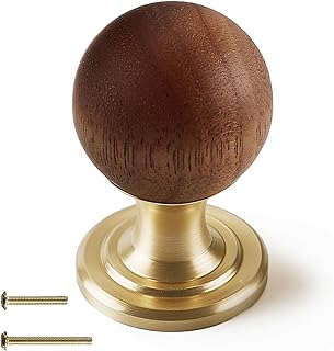 Wood Knobs with Solid Brass Base Gold Cabinet Hardware Modern Round Handles Walnut Pull for Kitchen Drawers Cabinets Vanity