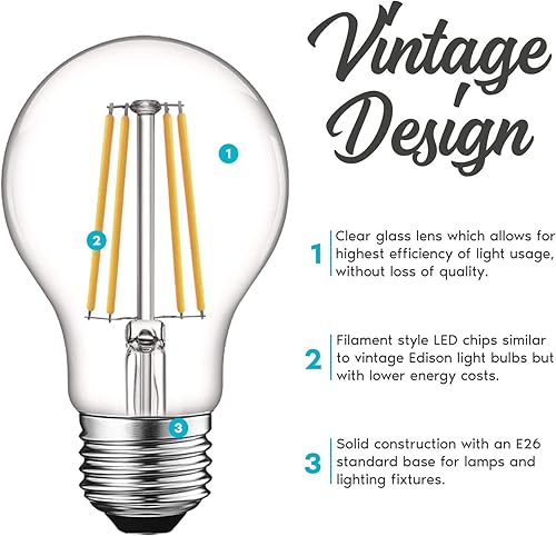 Miniatura 3 de LUXRITE Bombillas LED vintage A19 equivalente a 60 W, 3000 K blanco suave regulable, 800 lúmenes, bombilla LED Edison estándar de 8 W, certificación
