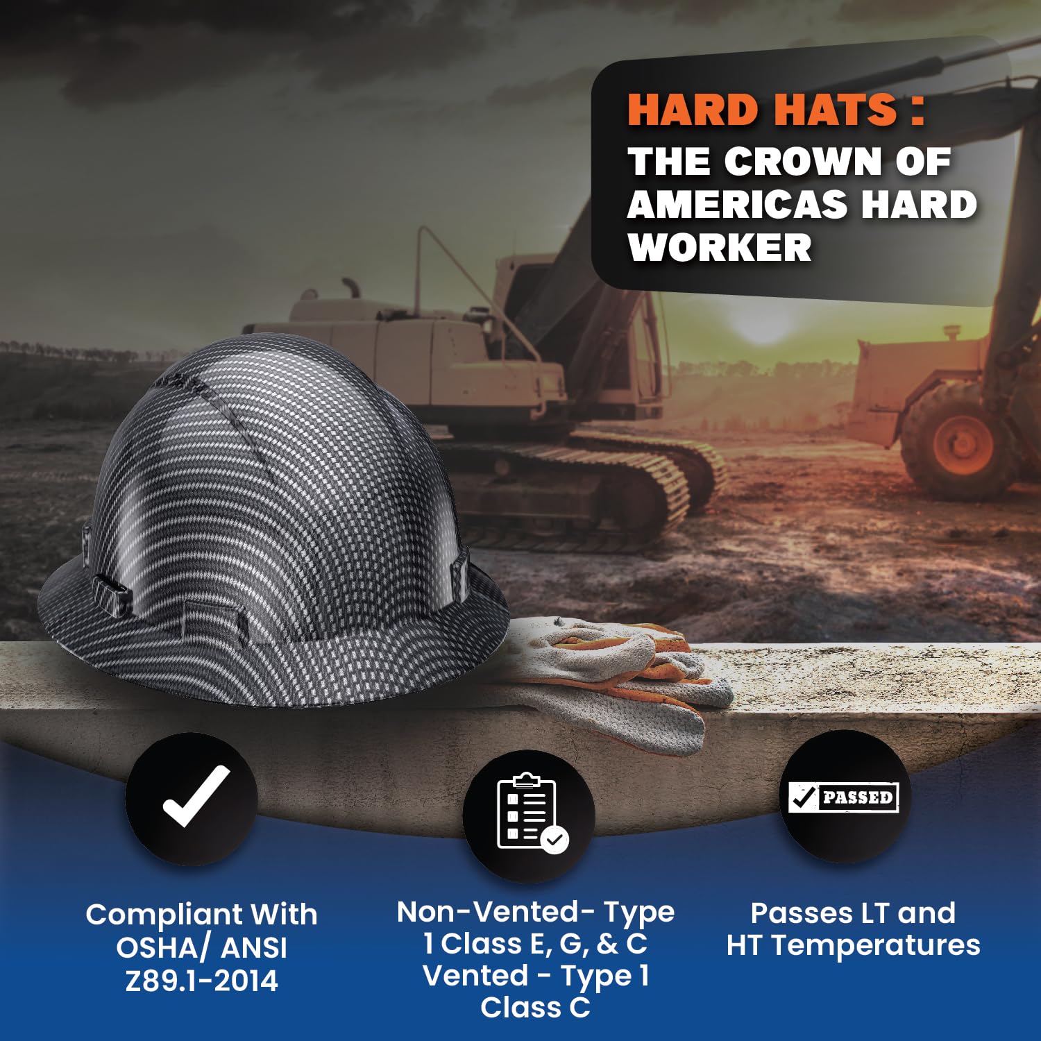 Sombrero duro OSHA con diseño clásico de fibra de carbono gris plateado de ala completa con acabado brillante con suspensión de 6 puntos
