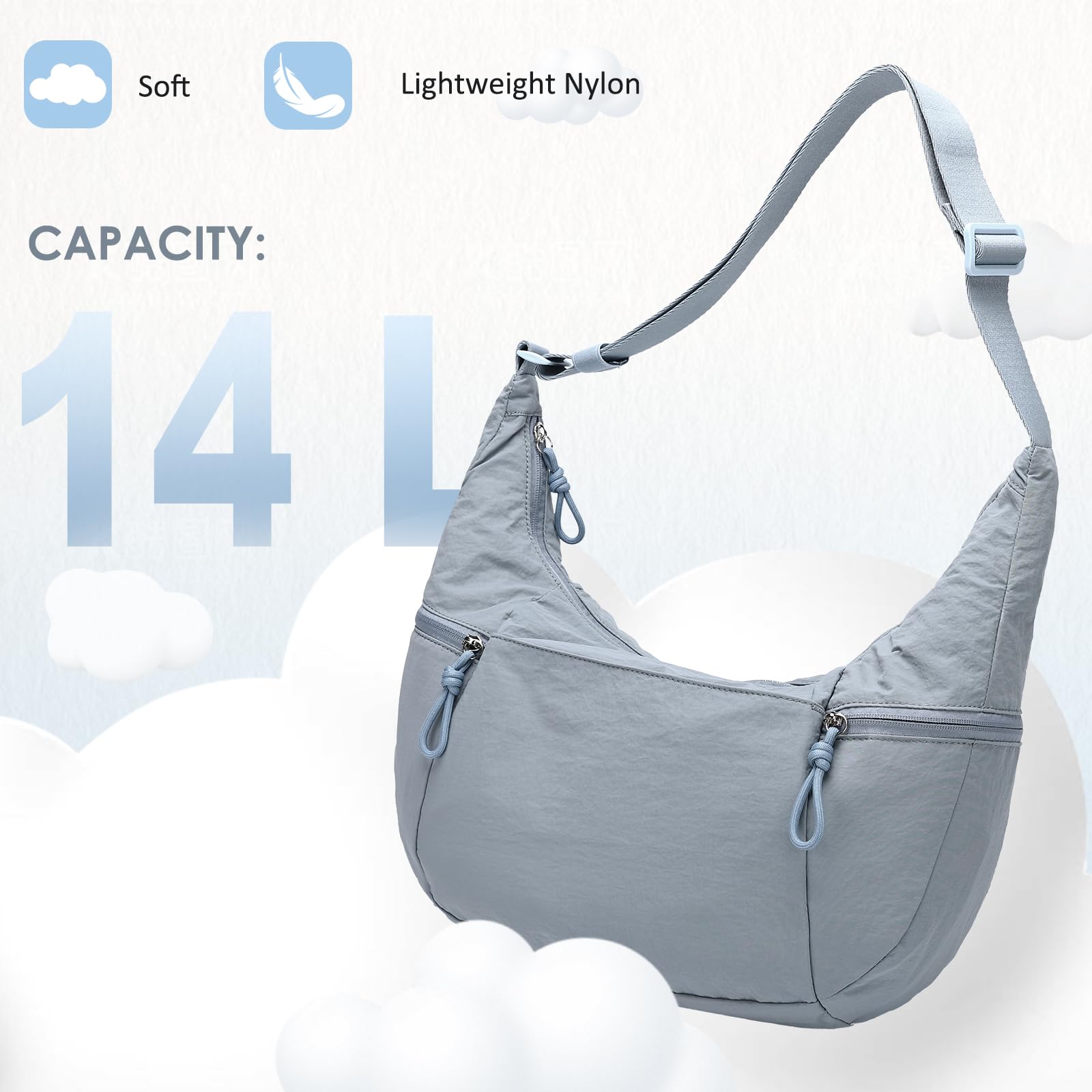 VASCHY Bolso Bandolera Mujer Grande Media Luna Impermeable Ligero de Nylon Estilo Boho Deportivo con Correa Ajustable y Múltiples Bolsillos para Universidad Trabajo y Viaje