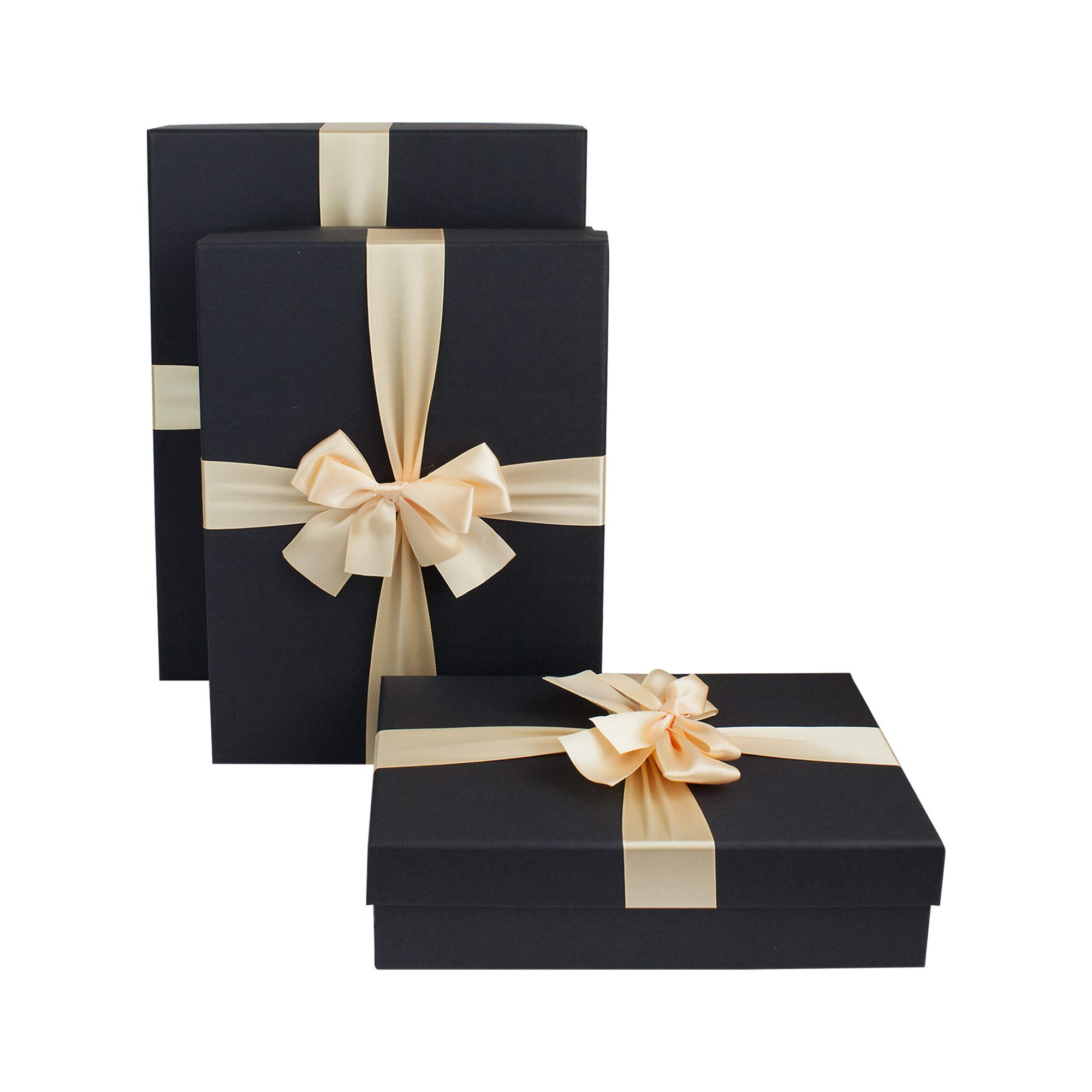 Emartbuy Black Rigid Gift Box with Ribbon Set of 3 – Large, Medium, Small – Luxury Cardboard Presentation Box|Premium Packaging for Hampers, Birthdays, Weddings, Corporate Gifting