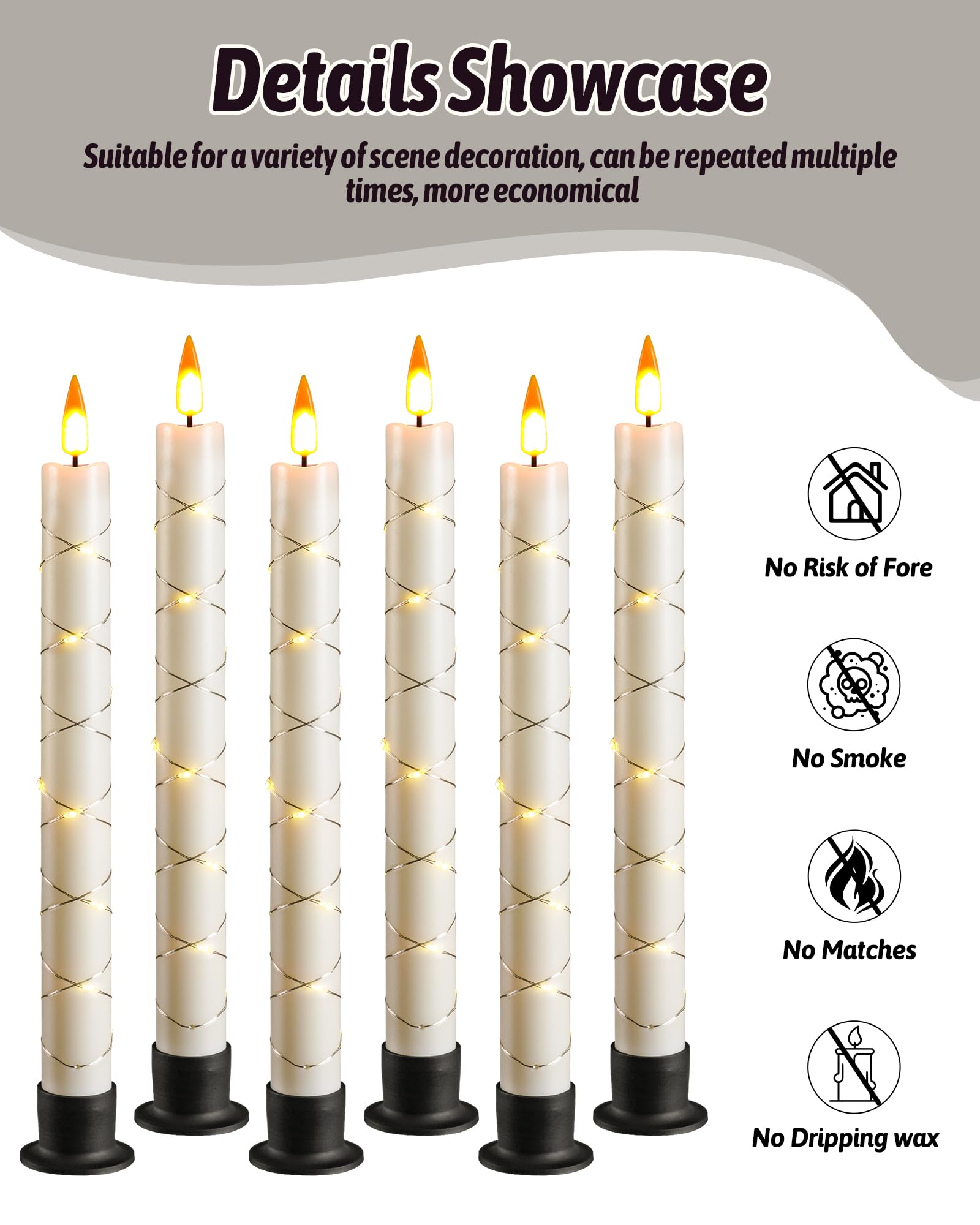 Da by Candela LED con telecomando e timer, candela a cono alimentata a batteria con luce a cavo, stoppino dinamico 3D, set di 6, avorio con 6 basi nere, adatto per l'arredamento della casa