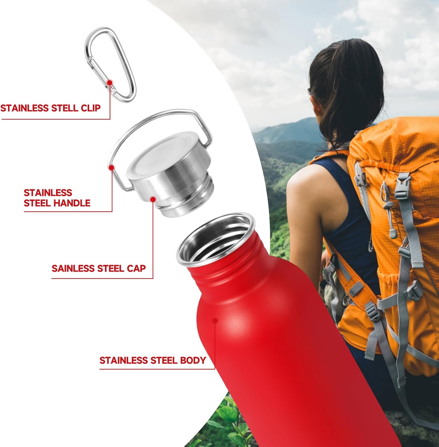 Volhoply 16oz Uninsulated Single Walled Water Bottles 4 Pack, Stainless Steel Kids Water Bottle with Handle & Carabiner, BPA Free 18/8 304 Reusable Water Flask for Camping Hiking Biking (Red,4)