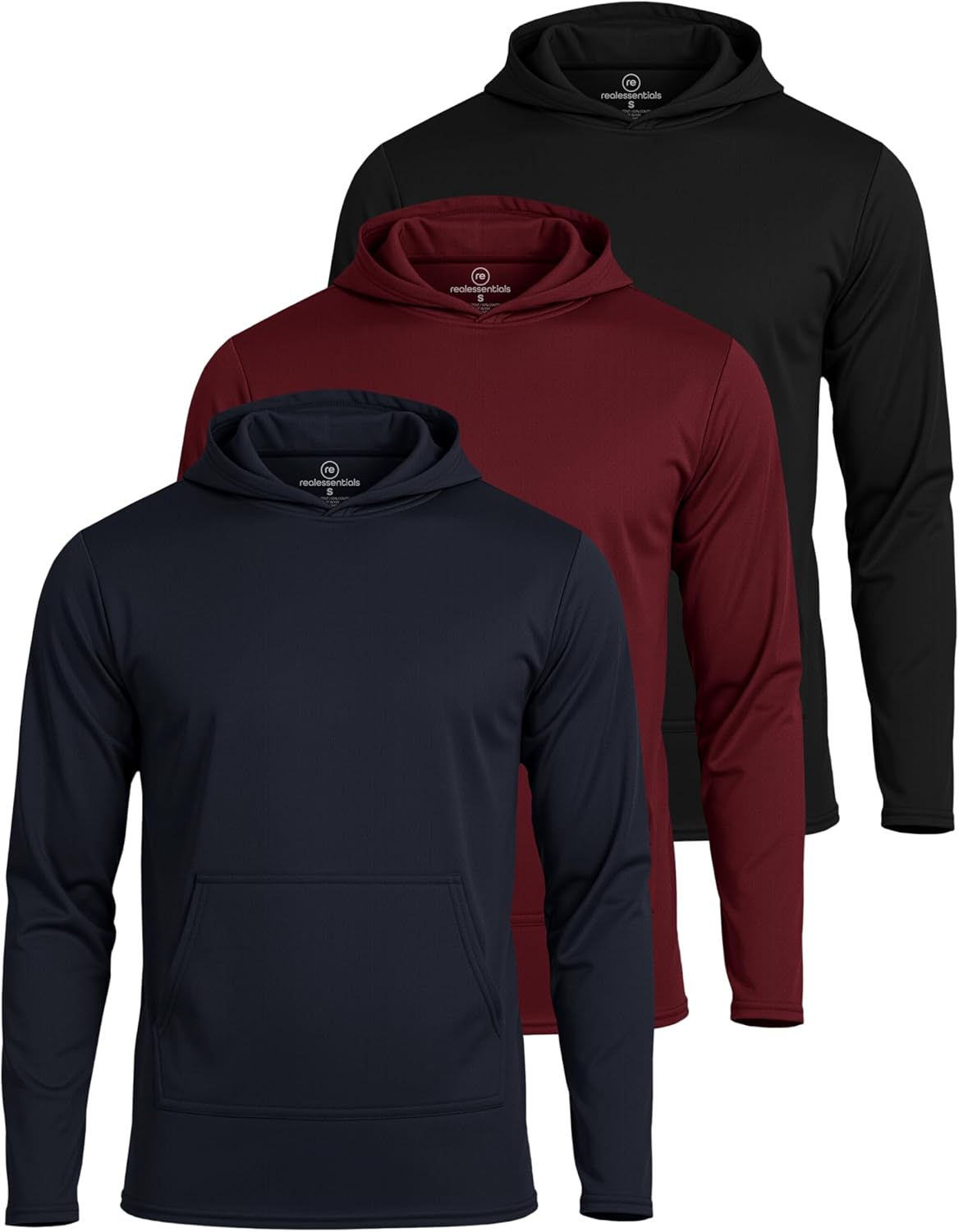 Real Essentials 3 Pack: Men's Mesh Long Sleeve Athletic Pullover Hoodie Sweatshirt Pockets UPF 50+ (Available in Big & Tall)
