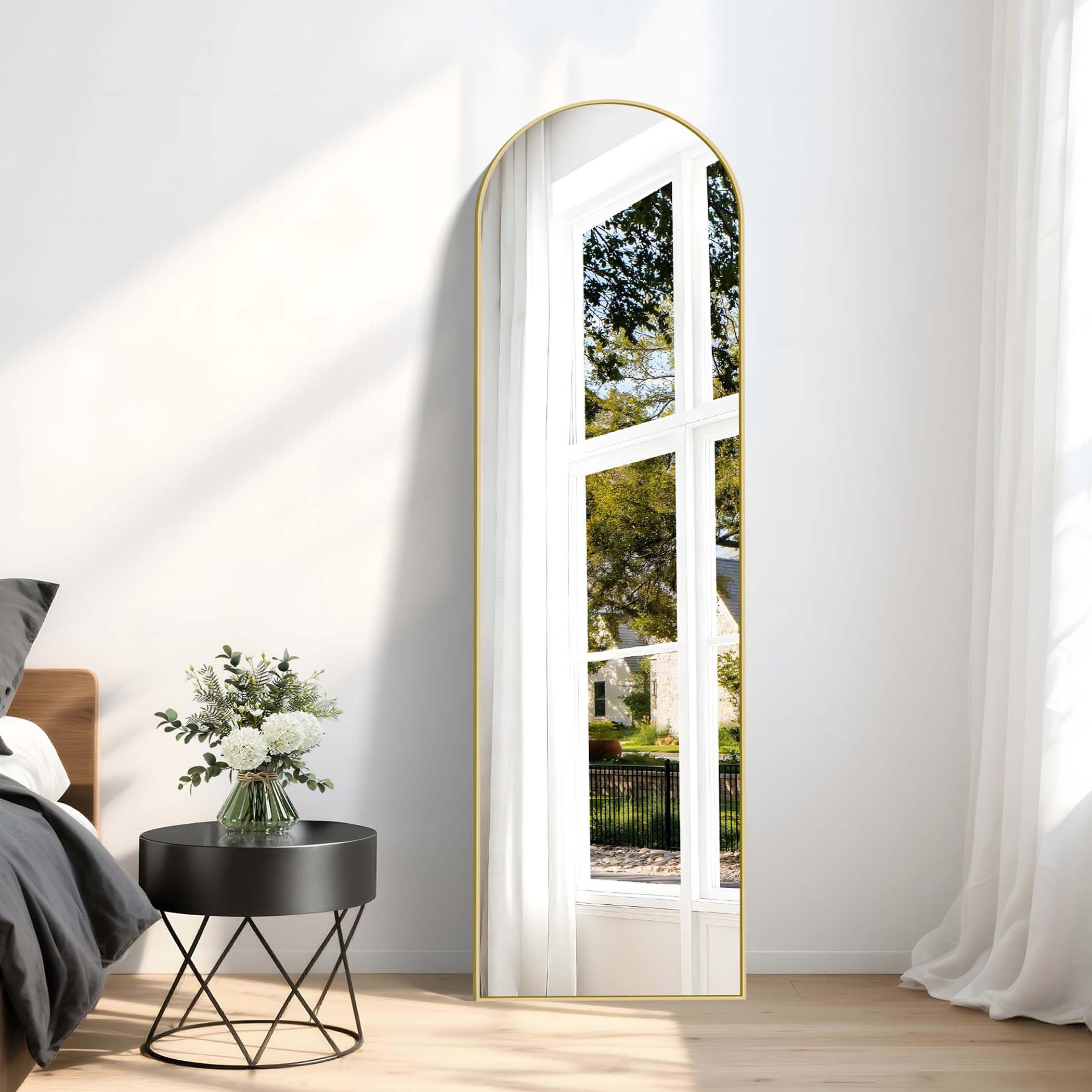 Miroir Arqué Pleine Longueur 150 x 40 cm, Pied Penché ou Suspendu, Cadre Métal Doré, Anti-déflagrante, Pour Salon Chambre