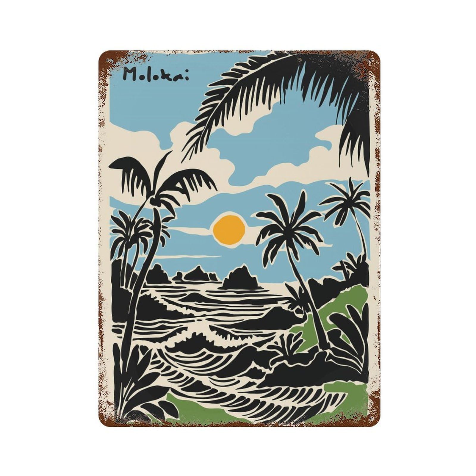 Molokai Island Beach Scene Illustration Rust Effect Tin Sign 15.7"x11.8", Retro Wall Decor for Pub, Kitchen And Man Cave Decor