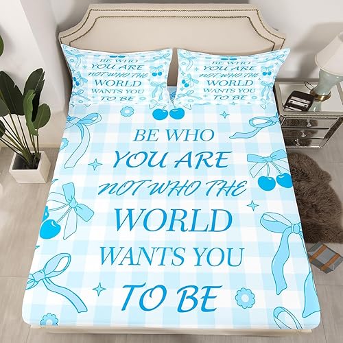 Sábana bajera con lazo azul tamaño individual, juego de ropa de cama de princesa con cerezas, estrellas y flores margaritas de dibujos animados,