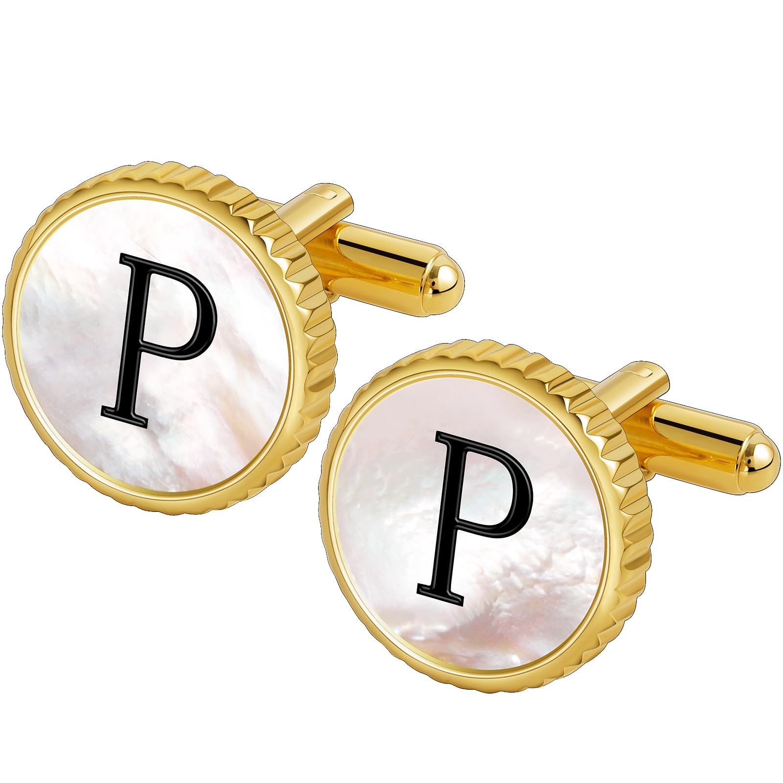 TAIGRAMAInitial Cuff Links Mens, Mother Of Pearl Personalized Cufflinks for Men 26 Alphabet Initial Letter Gold Cuff Link A-Z for Business Wedding Gift