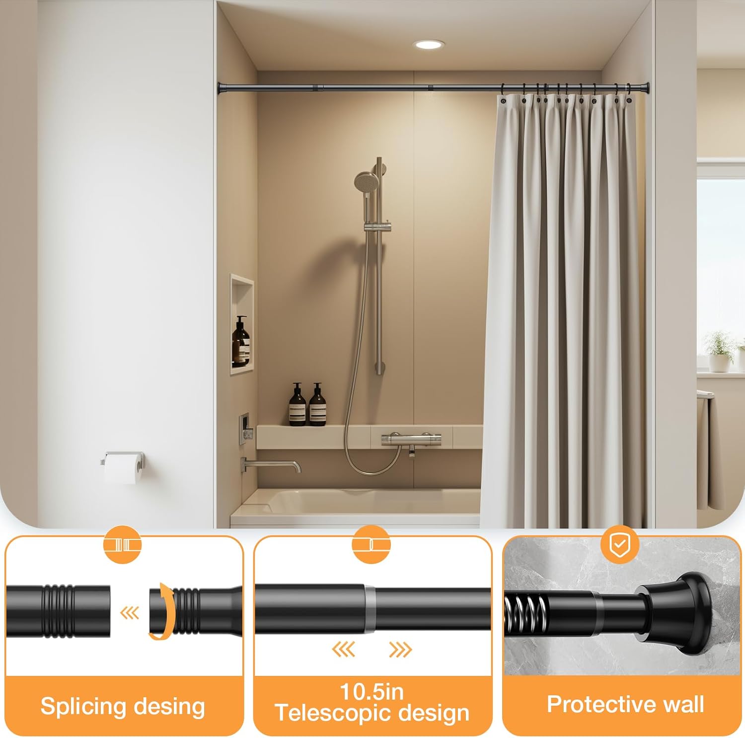 2Pack Spring Tension Curtain Rod 30 to 62Inch, Black Tension Rod for Windows Shower Curtain Rods No Drilling Expandable Adjustable Curtain Rods for Windows,Doorway,Bathroom,Closet,7/8" Diameter