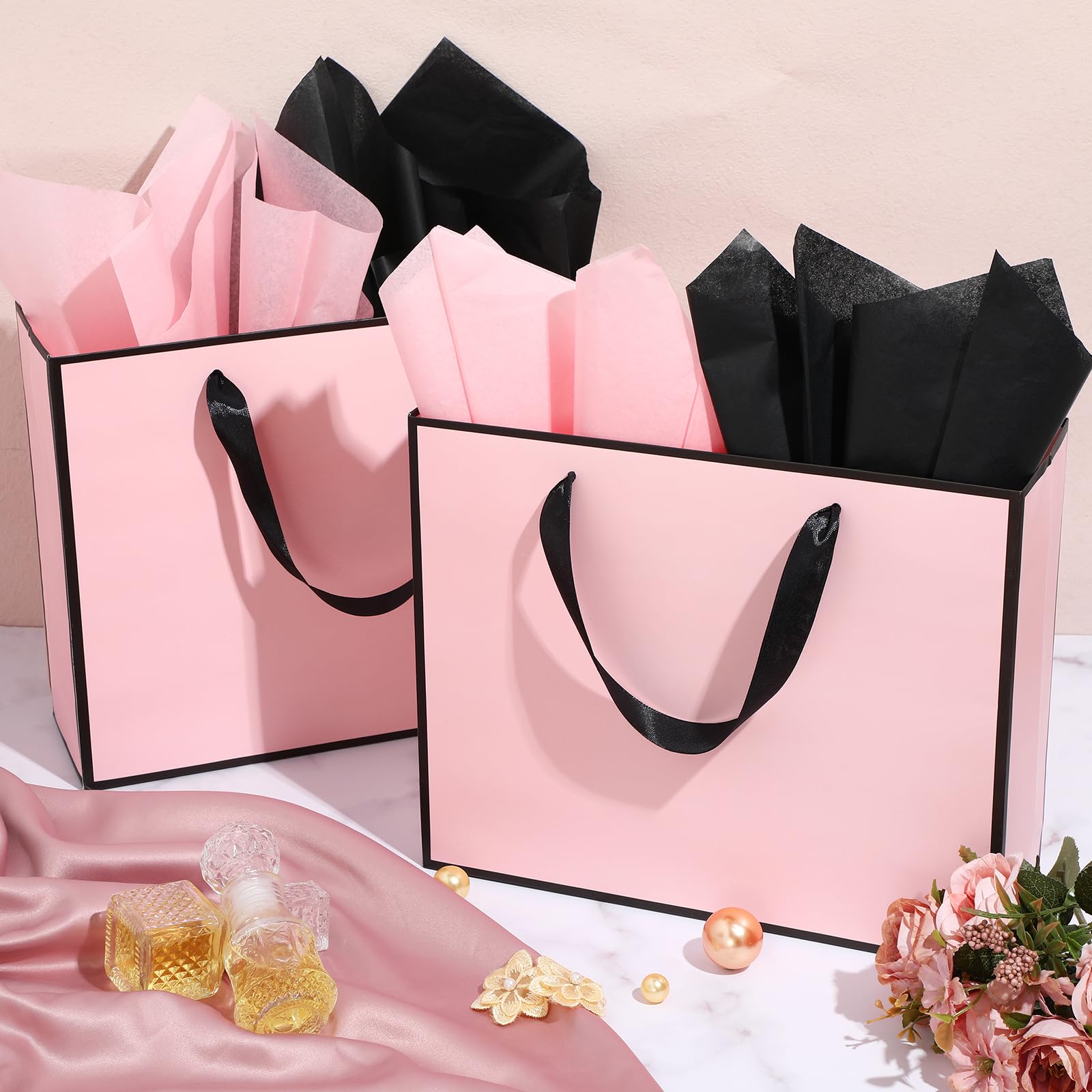 ReliThick Paquete de 12 bolsas de regalo de papel metálico con asa y pañuelo, 11.8 x 10 x 4 pulgadas, bolsa de agradecimiento para graduación, boda, novia, fiesta de cumpleaños, baby shower,