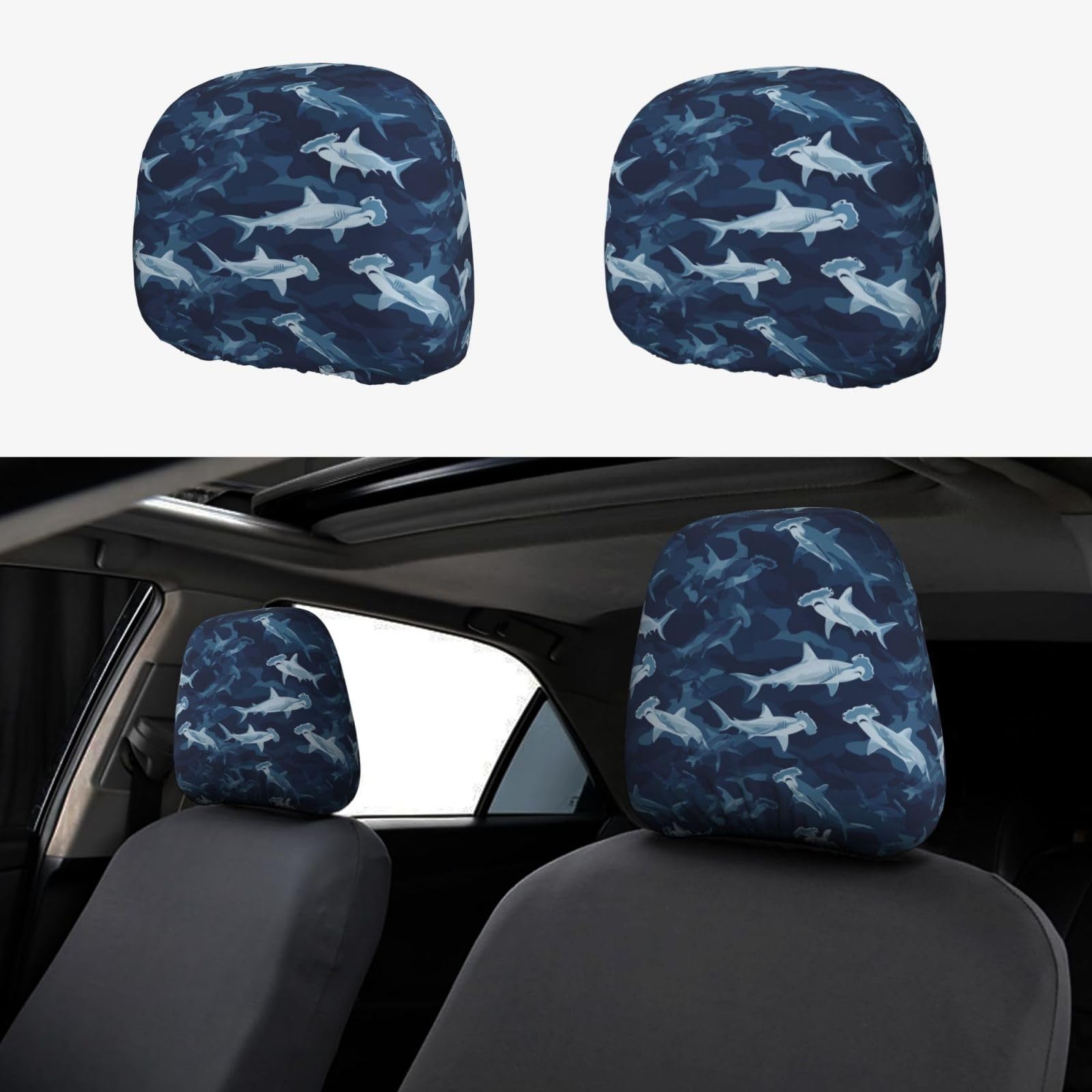 TZTTZT Blue Camo Hammerhead Shark Print Headrest Covers for Cars 2 Pack, Car Headrest Cover Accessories Interior Aesthetic Decor for Women and Men