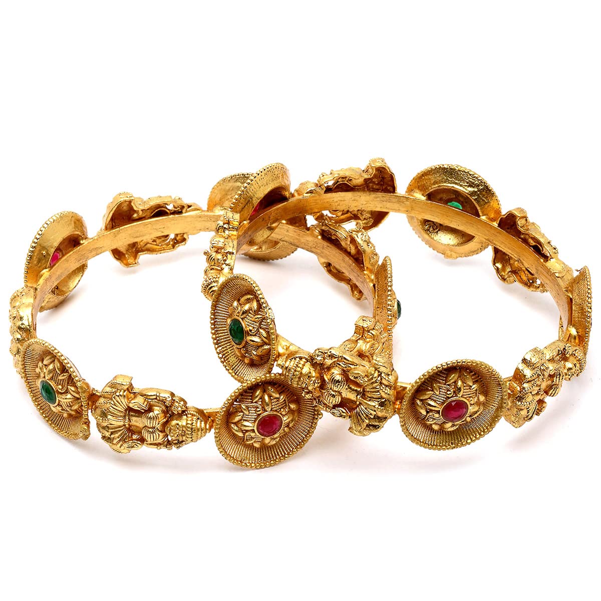 Karatcart Floral Design Gold Plated Set of 2 Laxmi Mata Temple Bangles for Women