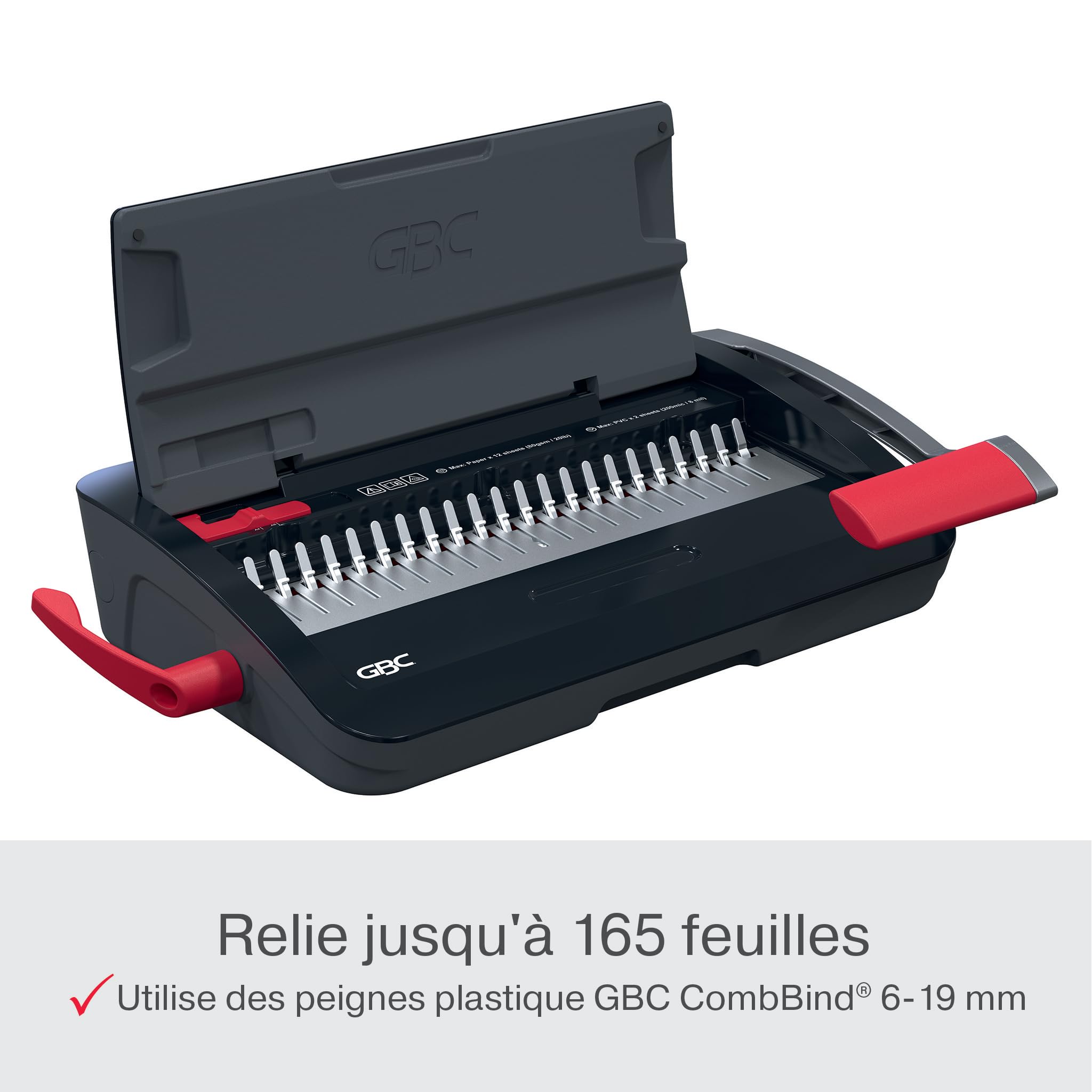GBC CombBind CB12 Machine à relier manuelle, 165 feuilles A5/A4, 12 feuilles perforation, noir/argent