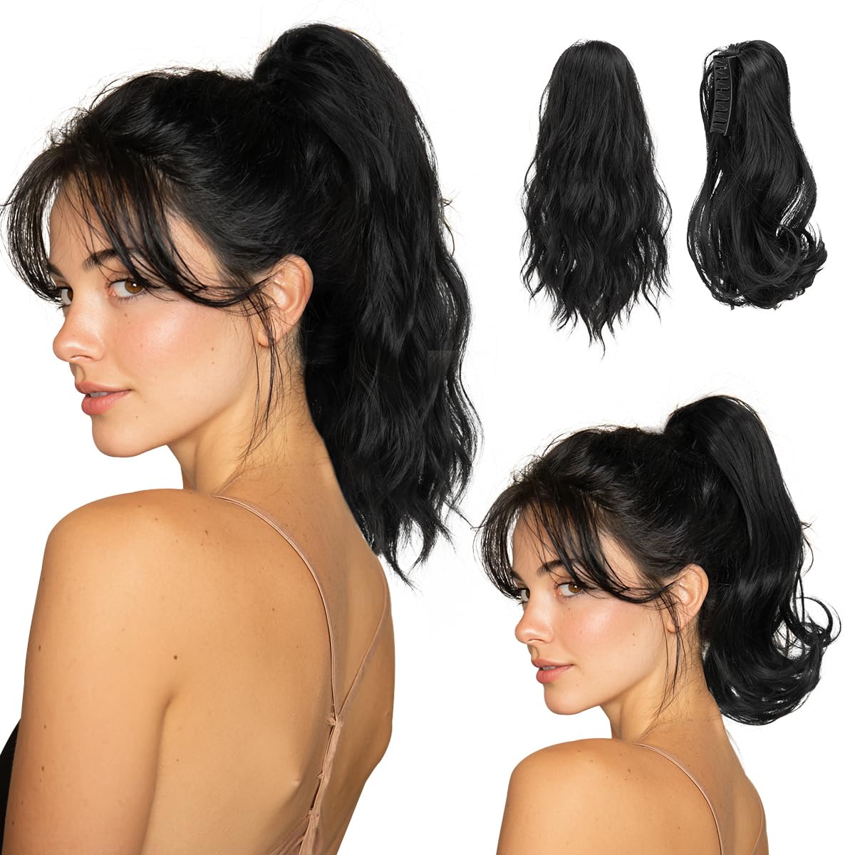 Photo 1 of *used* youngways 2 PCS Ponytail Extensions Claw Clip Short Pony Tails Wavy Curly Synthetic Hairpieces for Women 12 Inch + 14Inch Set Black