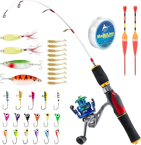Alwonder Combo de caña de pescar en hielo y carrete, carrete giratorio de pesca en hielo 5BB, caña de pescar en hielo de 2.1 pies, equipo de pesca