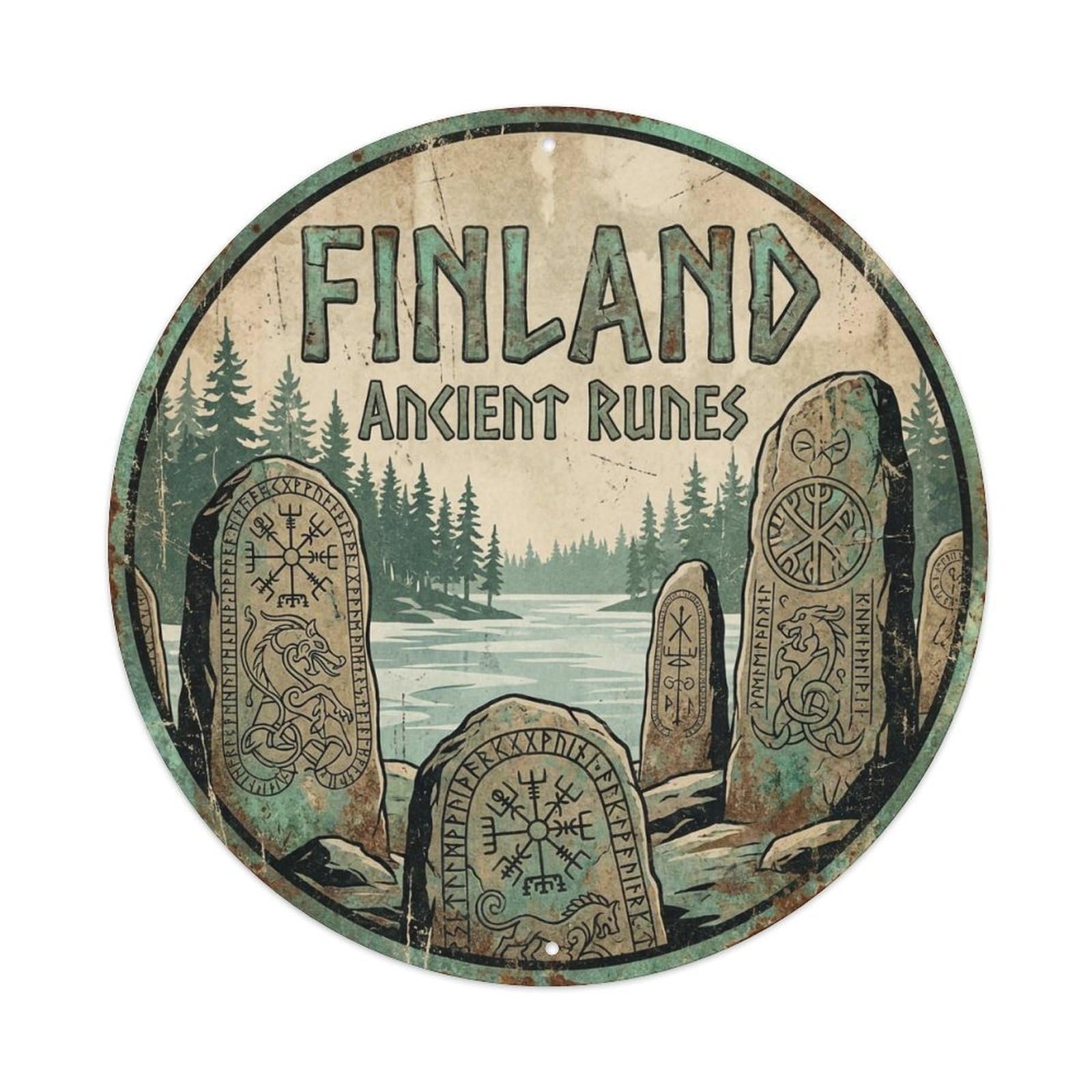 Vintage Travel Finland Archaic Metal Tin Sign Plaque Wall Decor for Cafe, Club, Garden Round Metal Poster 8x8Inch