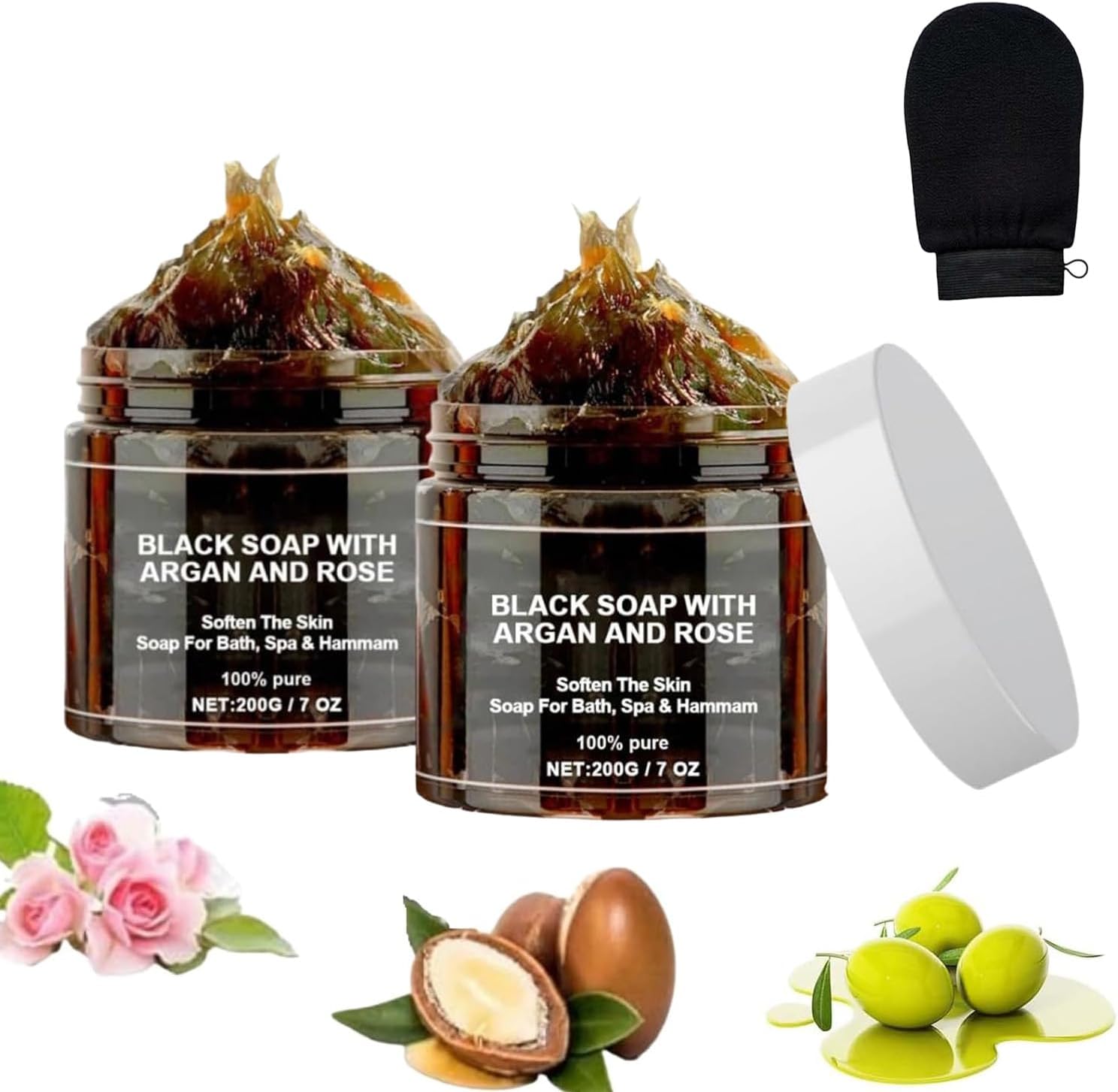 Dragon Honor Morocco Black Soap With Argan And Rose, Zawina Morocco Black Beldi Soap(200g/PCS, 2PCS)