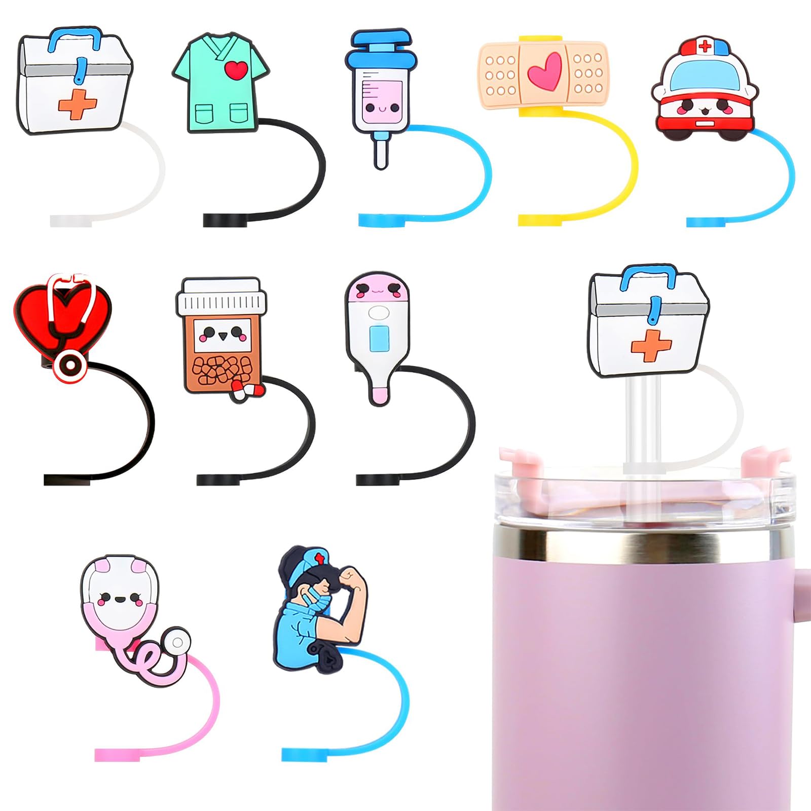 Biendo10pcs Nurse Straw Cover Cap Medical Silicone Straw Topper Tips for Stanley Cup, Cute Cartoon Reusable Drinking Straw Cap Lids Dust-proof Straw Plug for 8-10mm Straw Gifts for Nurse Doctor