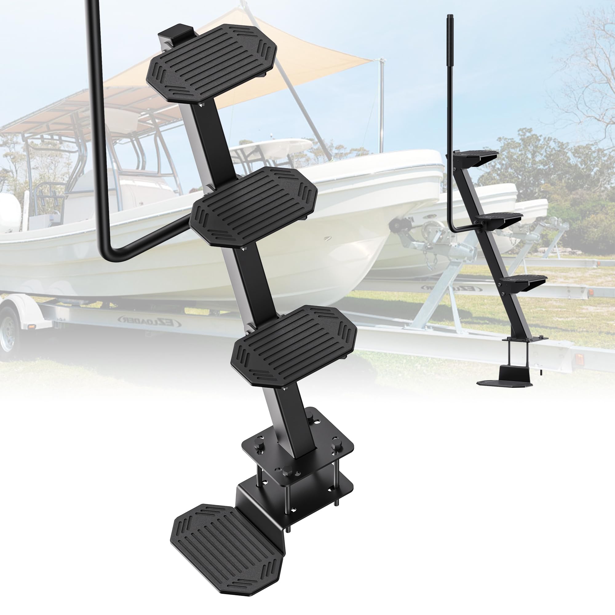Heavy-Duty Boat Trailer Steps,Boat Trailer Tongue Steps with Anti-Slip Handrail,EVA Anti-Slip Mat,450Lbs Capacity?Multiple Installation Angles,4 Steps