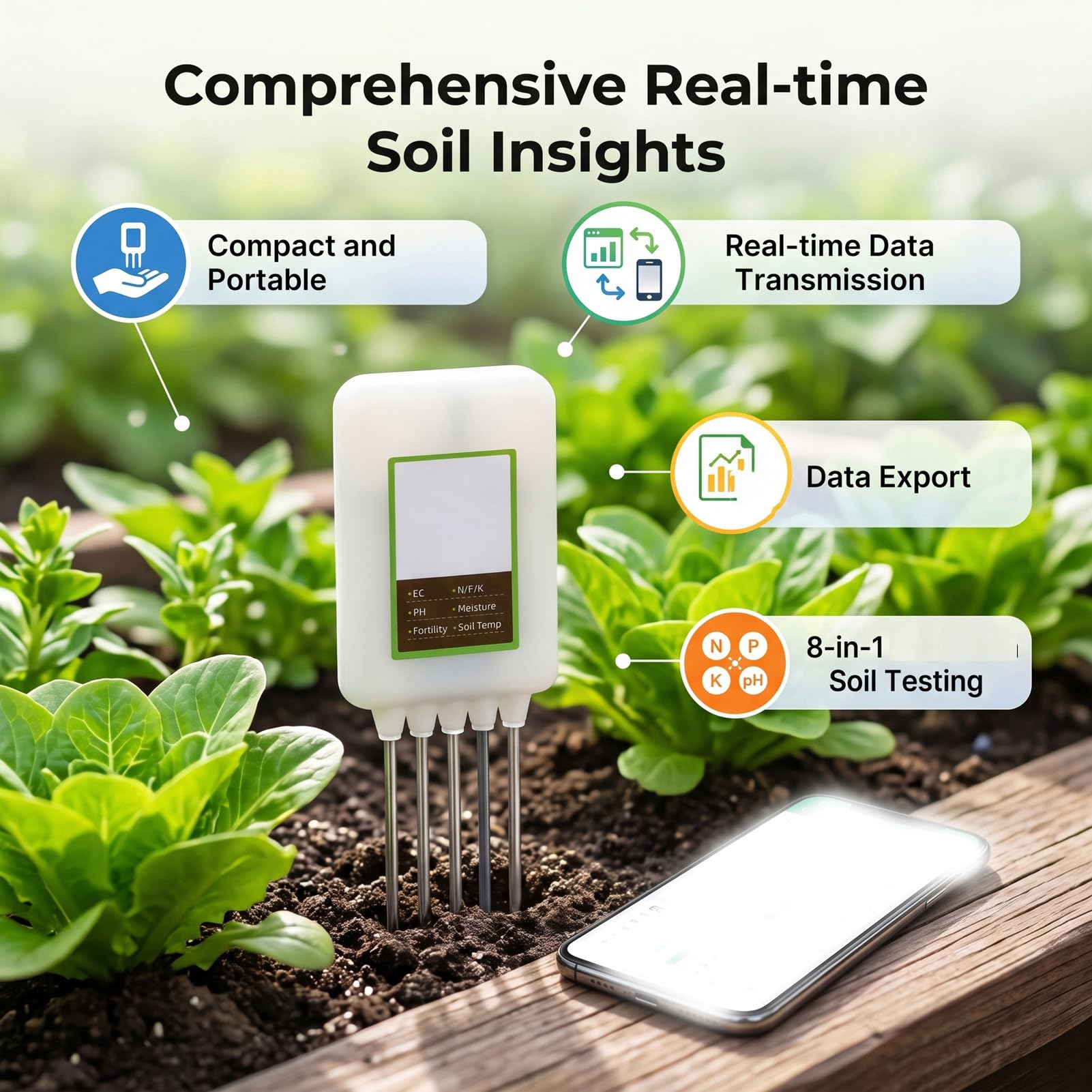 ZJchao Medidor de Suelo 8 en 1 con Bluetooth, Analizador de NPK PH EC Fertilidad Humedad Temperatura, Datos en Tiempo Real a la App del Smartphone para Jardinería Caña de Azúcar