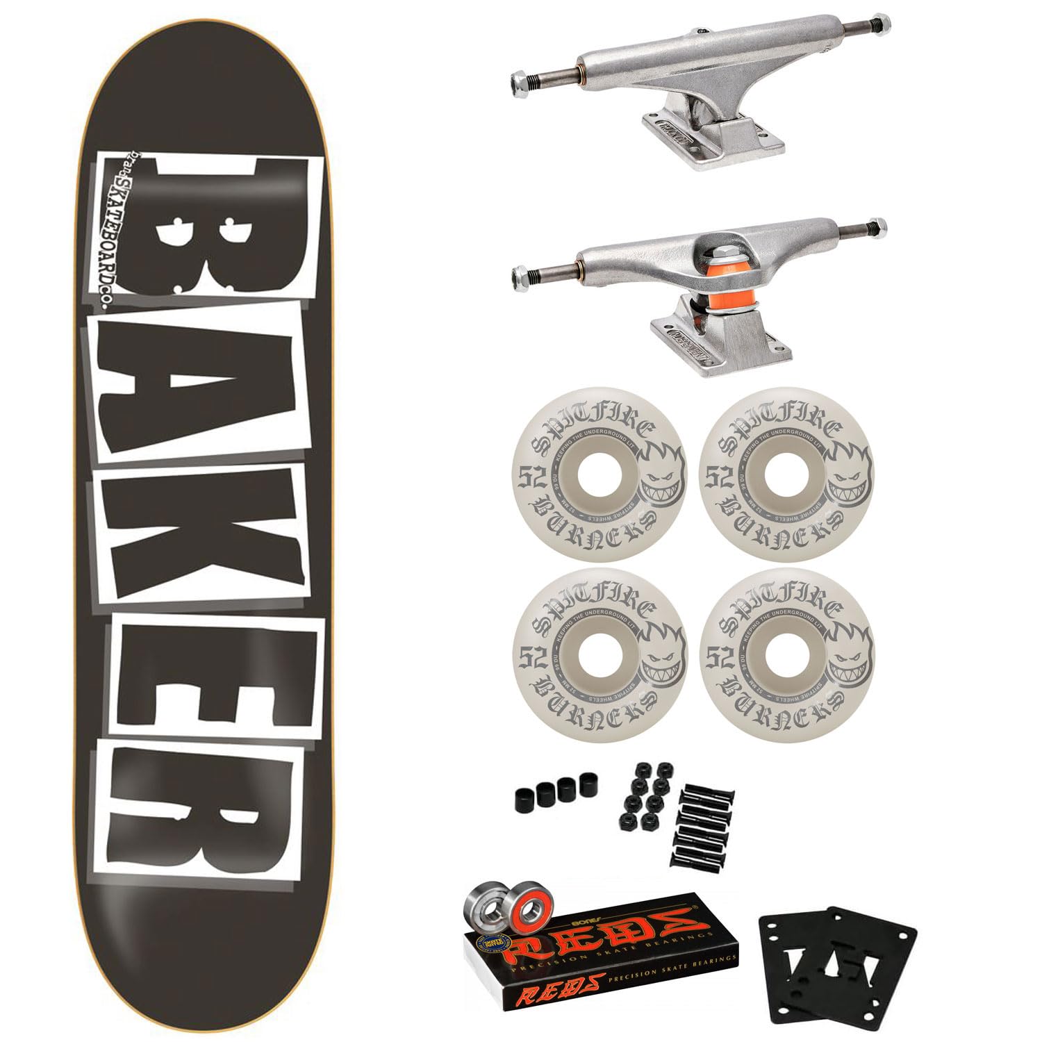 Baker Skateboard Complete Logo Black/White with Independent Trucks, Spitfire Wheels, Bones Reds Bearings, Hardware, and Griptape - Choose Size