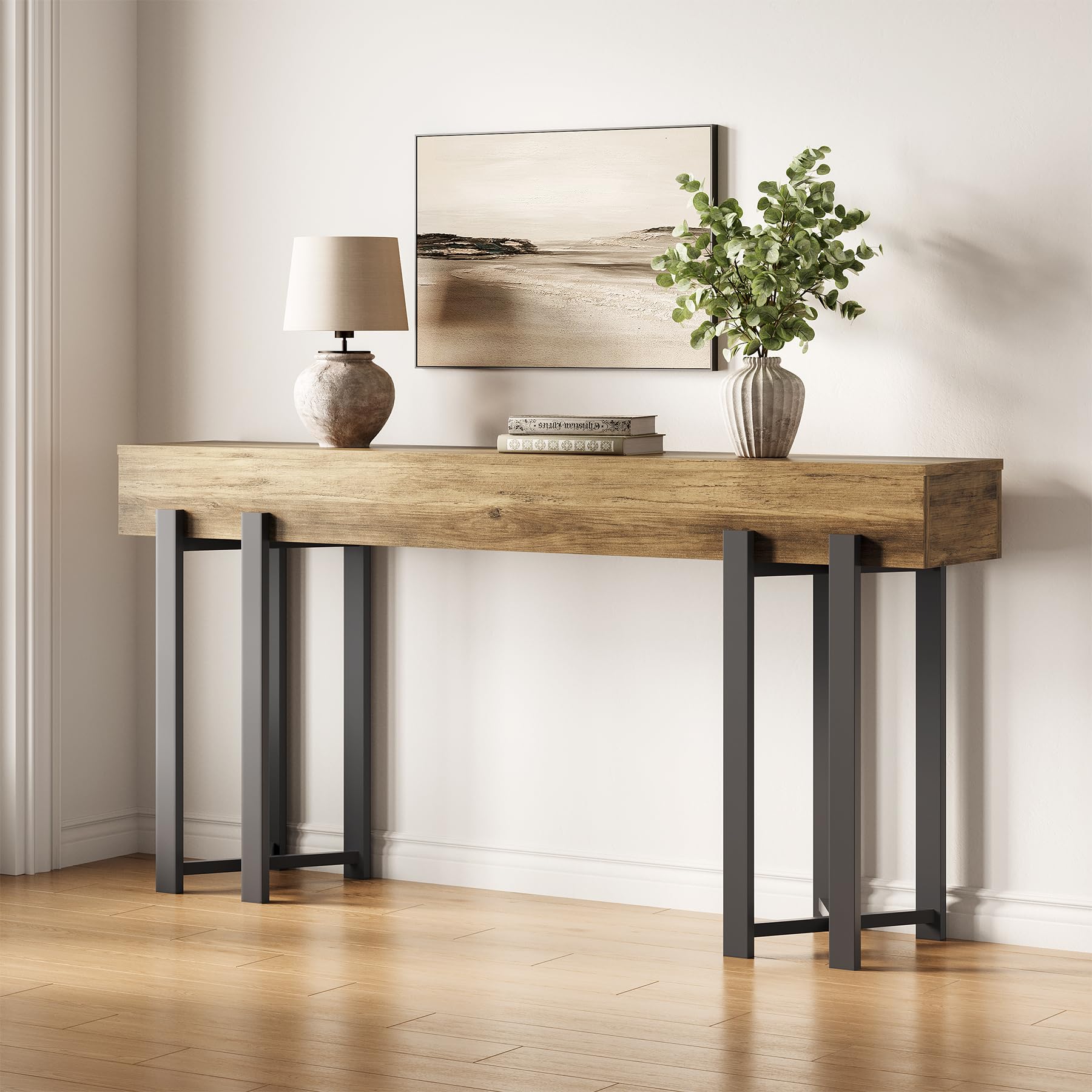 Tribesigns Mesa consola estrecha de 160 cm en estilo rústico, ahorra espacio para pasillo, pasillo y salón, como mesa de centro detrás del sofá o escritorio de oficina en casa con estructura de metal
