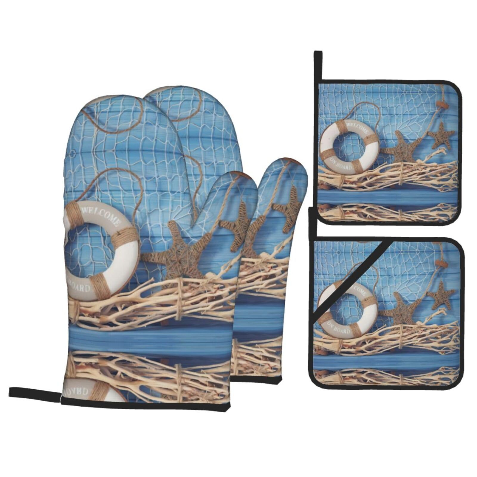 Seashell Starfish Printed Baking 4-Piece Set, includes oven mitts and a heat-resistant mat, suitable for oven and BBQ use
