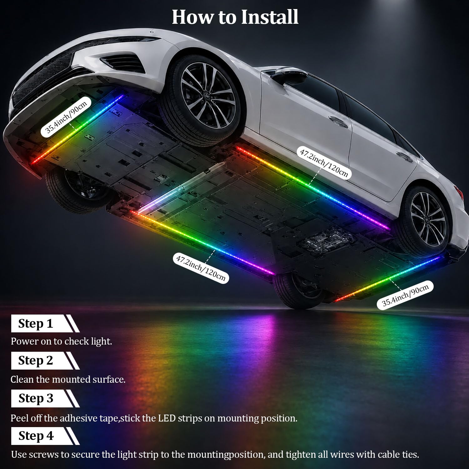 4 Stück Unterbeleuchtung für Auto, Autounterlicht RGB Streifenlichter mit App Steuerung, Musiksynchronisierung und Multi-Mode, Auto Underglow Kit, DC 12 V
