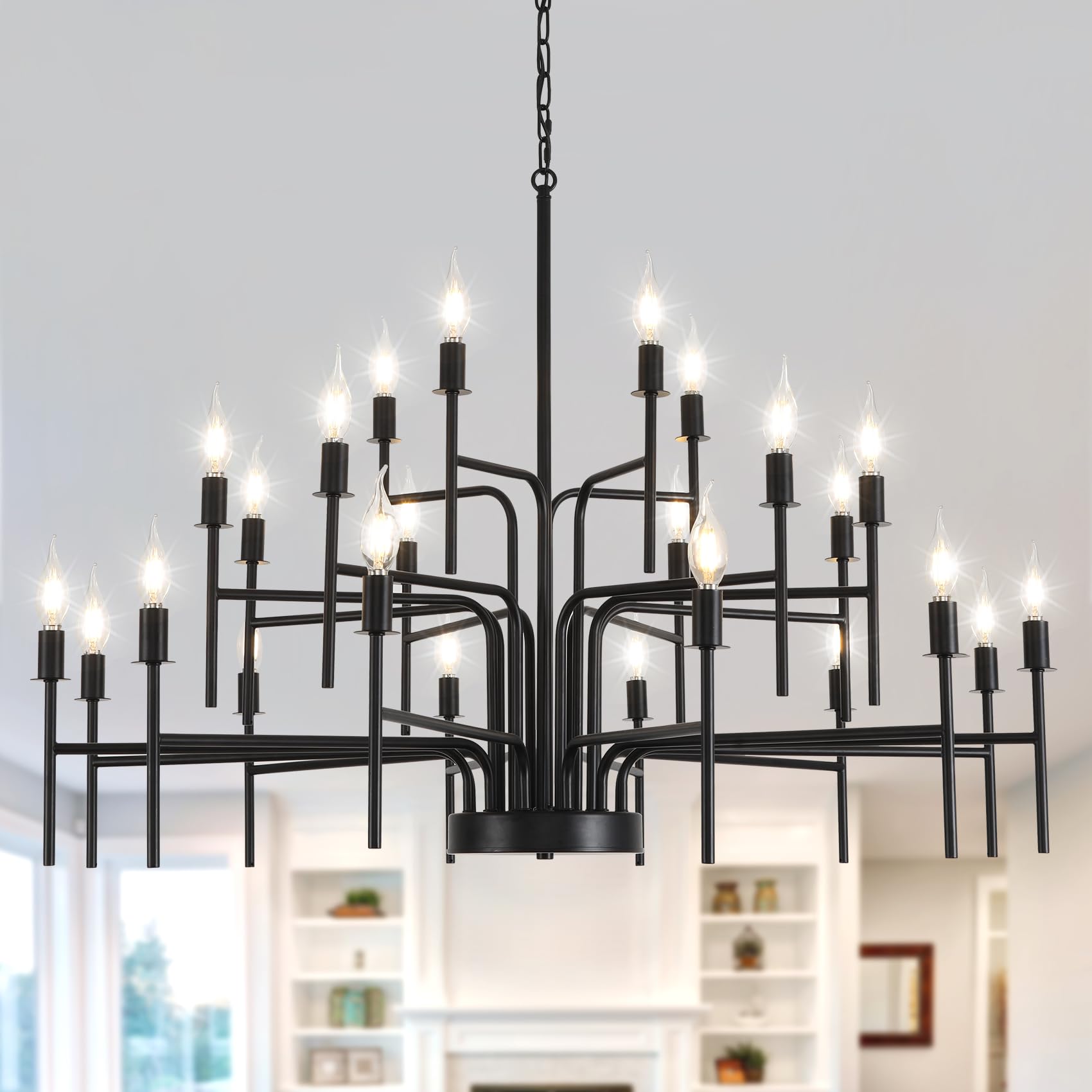 Modern Farmhouse Chandelier 24 Light Large Black Chandeliers for Dining Room Light Fixture, Round Iron Candle Chandelier 3-Tier 41''for High Ceilings Foyer Living Room Entryway Hallway, E12