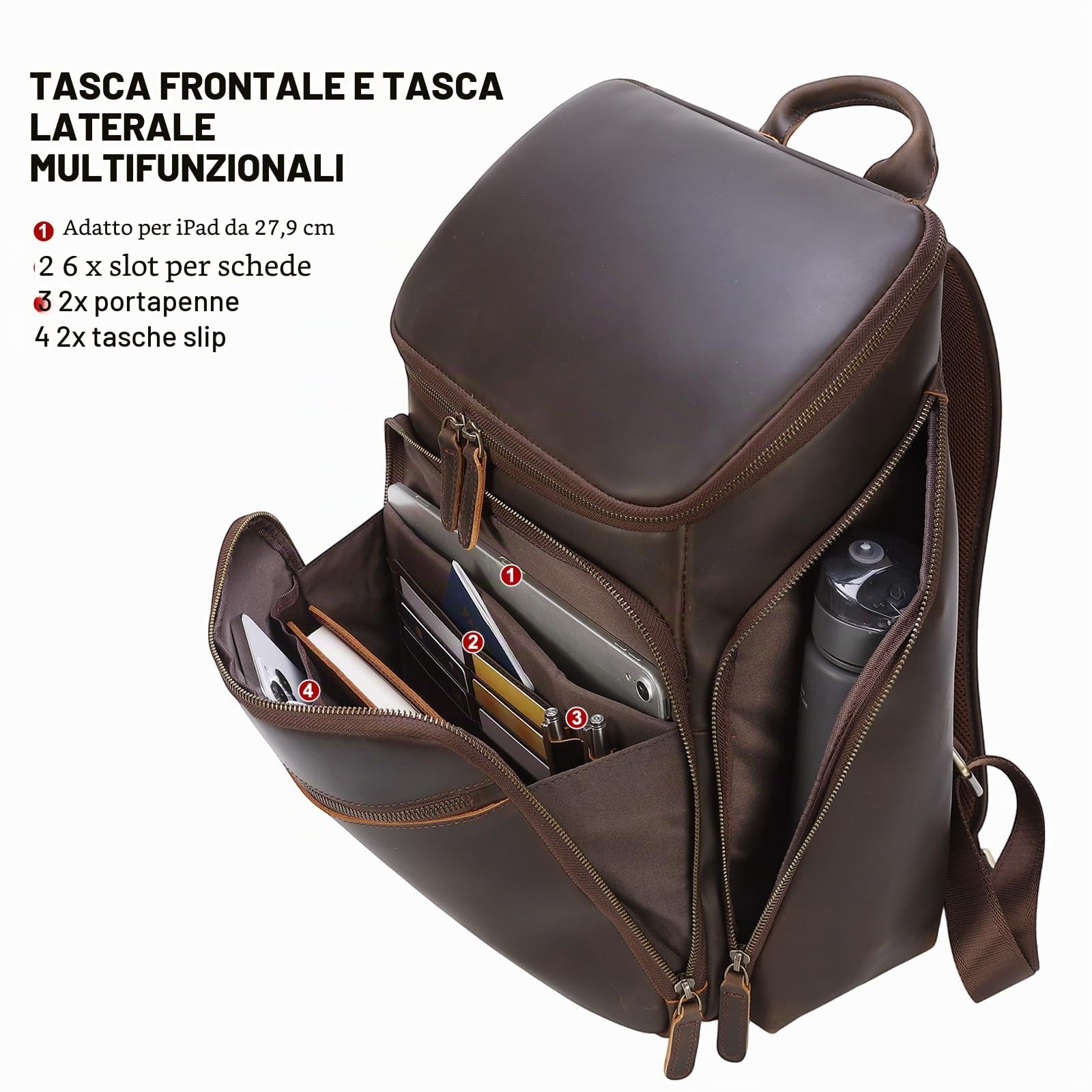 TIDING Grande Zaino da Viaggio Uomo con Porta Laptop 15.6 Pollici in Vera Pelle Vintage Zaino Business per Escursionismo e Trekking, Marrone