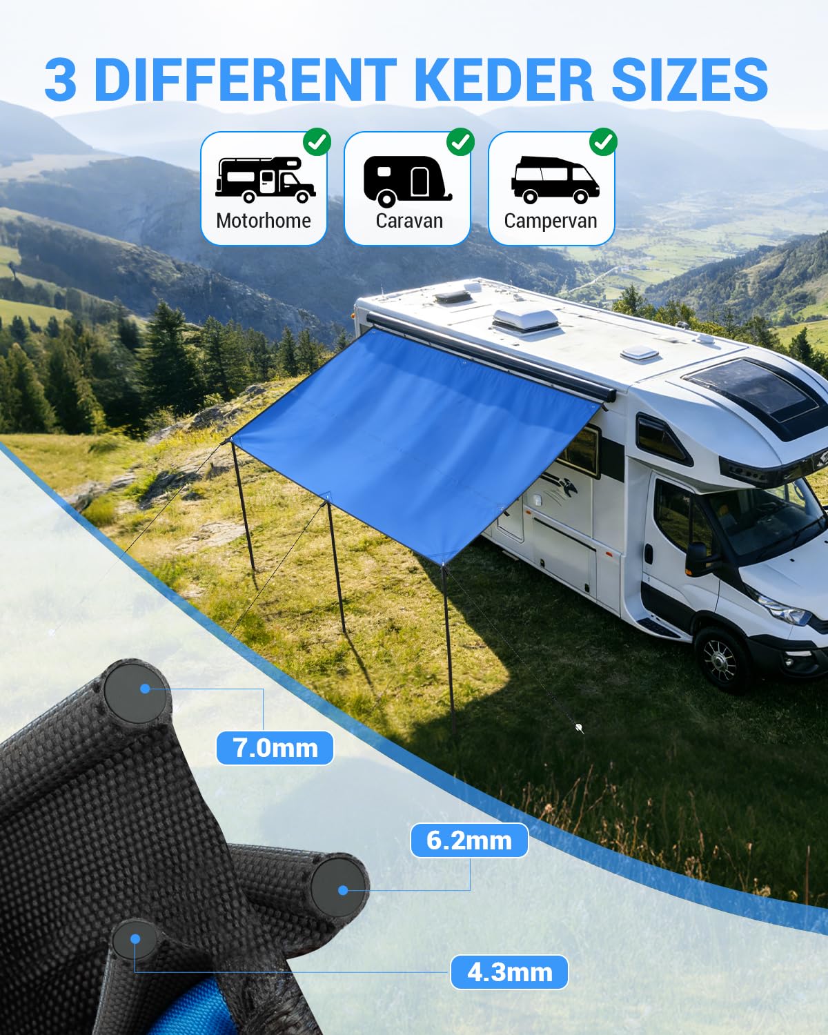 SUPAREE Sonnensegel Markise Wohnmobil Wohnwagen Markise 3m Sonnensegel Wohnwagen mit Keder 210D Oxford mit 3 Kederschiene UV-Schutz Wasserdicht für Camper Van 3 x 2,4m