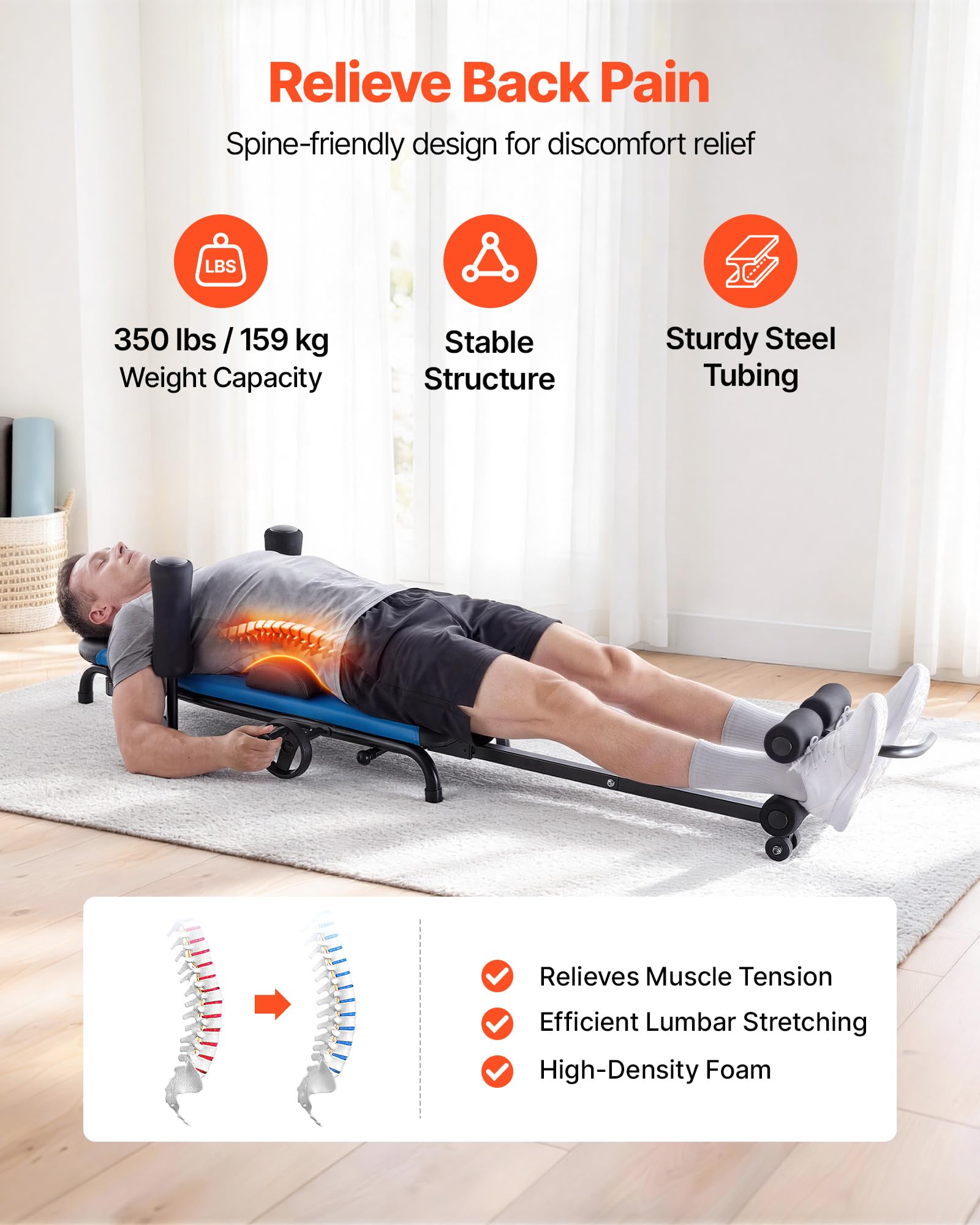 VEVOR Mesa de Tracción Lumbar Capacidad de 159 kg, Banco de Estiramiento de Espalda Estructura Estable, Reposabrazos Ajustables, Alta Resistencia, Tabla de Inversión para Hombros, Cuello, Espalda