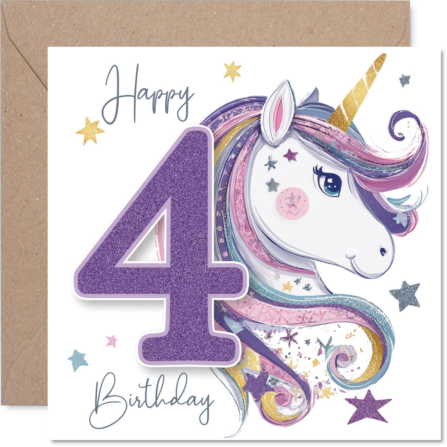 Cute 4th Birthday Card - Magical Unicorn and Glittery Number 4 - Whimsical Birthday Sparkle with Stars - Sure to Delight Little Dreamers - 145mm Square, Envelope Included
