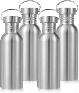 Volhoply 22oz Uninsulated Single Walled Water Bottle 4 Pack, Stainless Steel Reusable Water Bottles with Handle, BPA Free & Plastic Free 18/8 304 Metal Water Bottles for Camping, Hikers, Cyclists