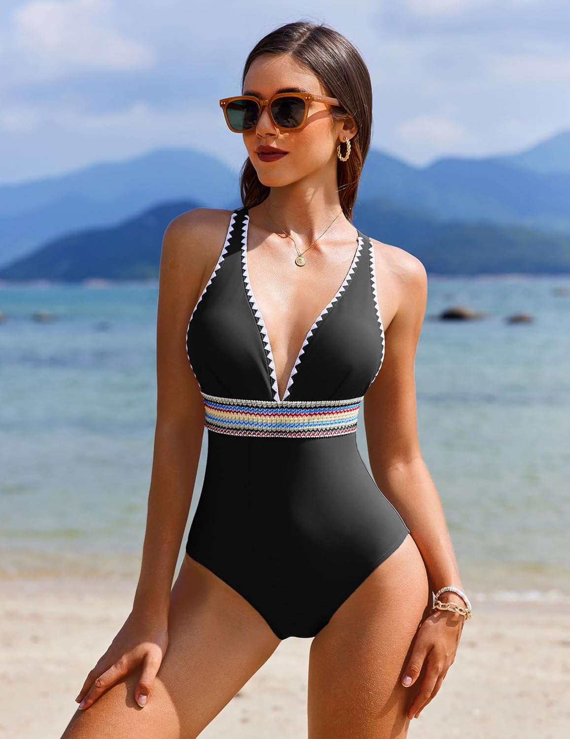 AI'MAGE One Piece Swimsuit Women Tummy Control Slimming Modest Bathing Suits Color Block Adjustable Straps Swim Suits 2025 - Image 2