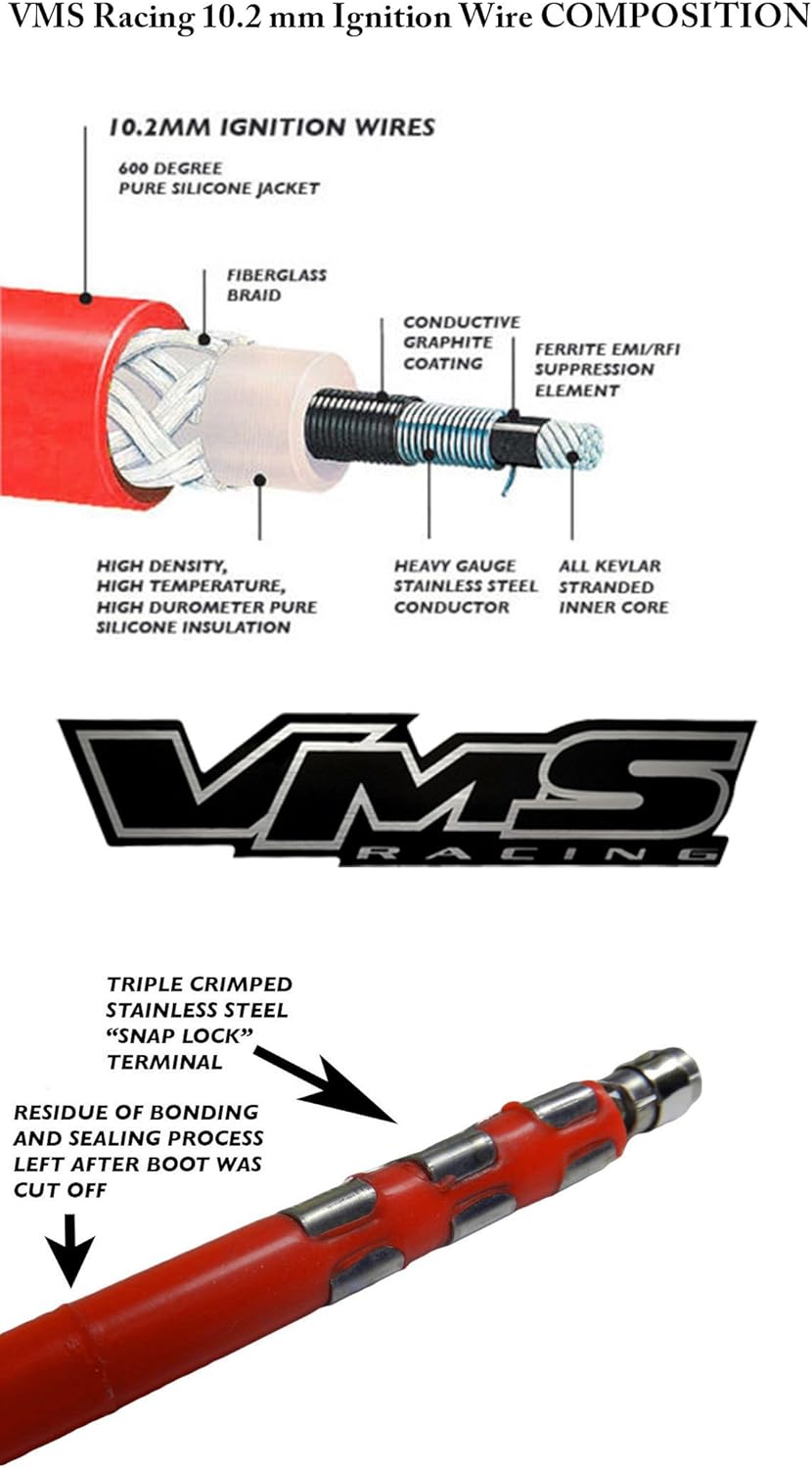 VMS RACING Red 10.2mm High Performance Engine Spark Plug Cables Ignition Wires Wire Set 32829 Compatible with 4.8L 5.3L 6.0L 6.2L VORTEC Chevy Chevrolet GMC LS Engines | 8 Longer wires Vortec Trucks |