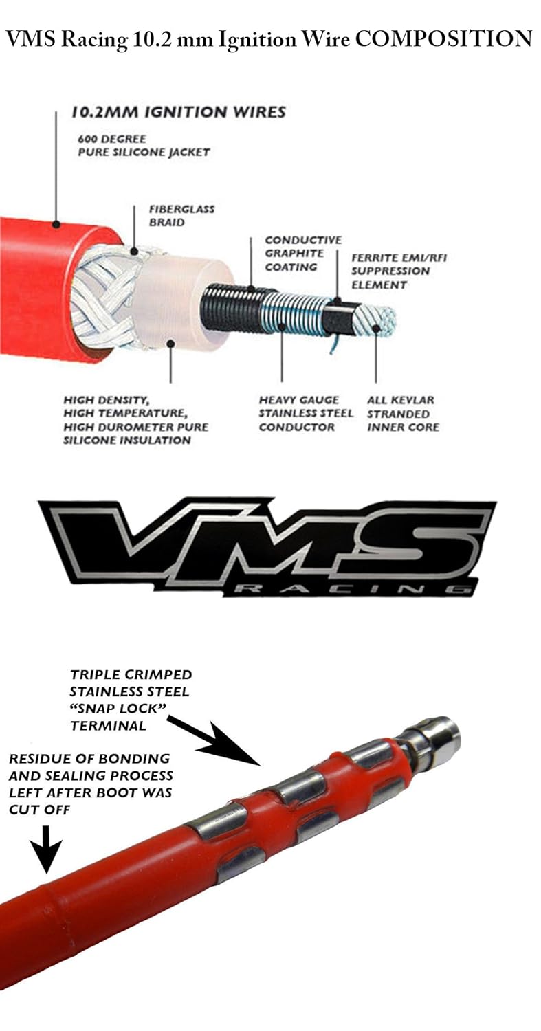 VMS RACING 10.2mm High Performance Engine Spark Plug Cables Ignition Wires Wire Set in Red Compatible with LS1 5.7L V8 GM Engines Chevy Chevrolet Camaro Corvette Pontiac Firebird Trans Am