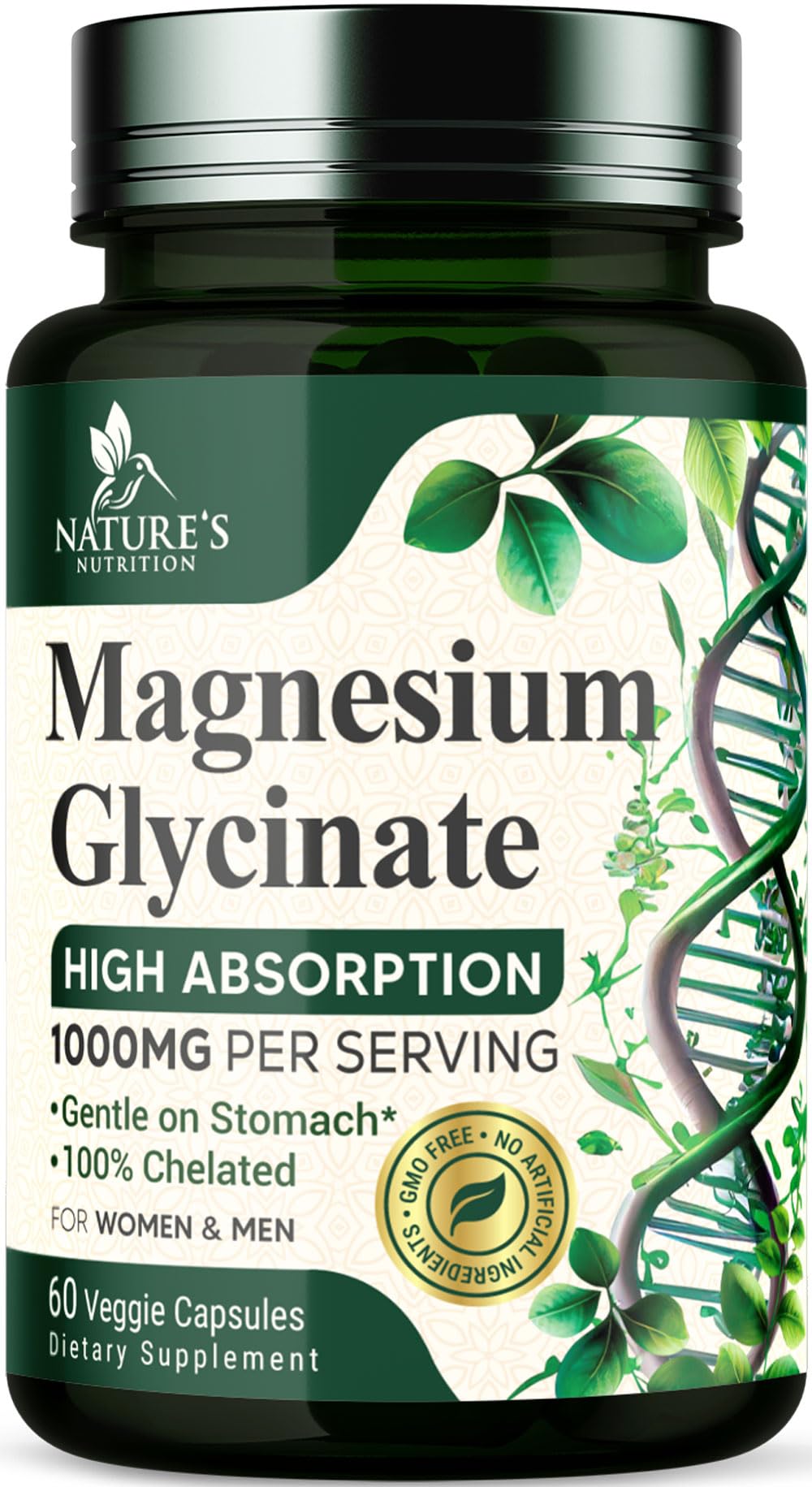 Magnesium Glycinate 1000mg - Pure & Chelated for High Absorption - Supports Muscle, Nerve, Bone & Heart Health - Best Magnesium Supplement for Gentle Sleep Support, Vegan, Bottled USA - 60 Capsules 60 Count (Pack of 1)