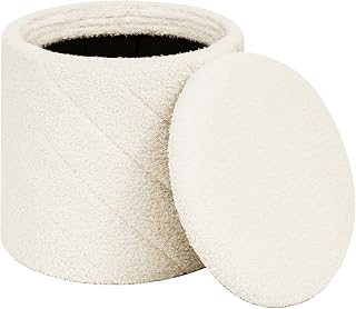 PINPLUS Puff Almacenaje Plegable con Tapa Reversible, Taburete Otomano Redondo Teddy Bouclé, Reposapiés para Salón o Dormitorio, Ø 33 x 35 cm, Blanco