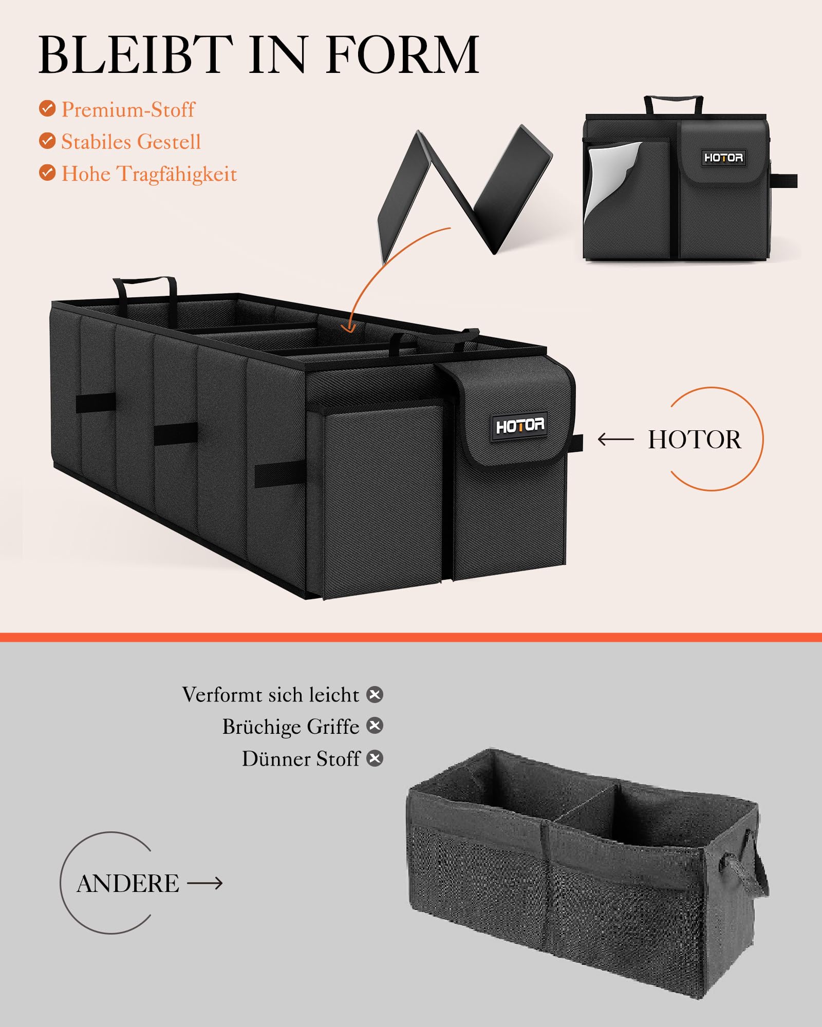 HOTOR Kofferraum Organizer Faltbar - 81x32x27cm Mit 3 Fächern Für SUV