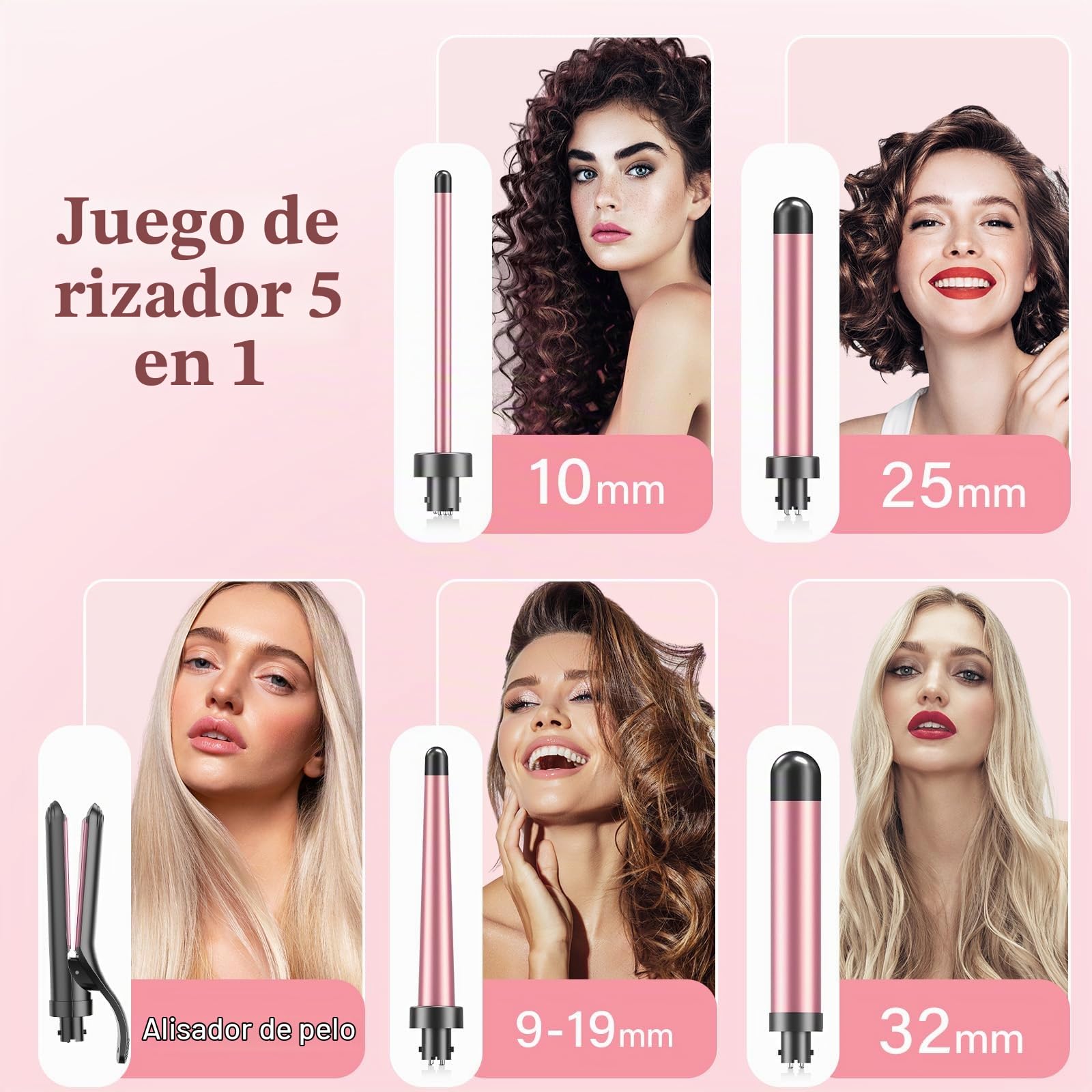 5 in 1 Rizador de Pelo con planchas del pelo, Rizador de Pelo Cerámica Antiestática Rizador pelo con Temperatura Regulable Calentamiento rápido
