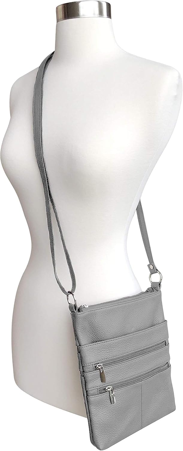 Roma Leathers Mini Cross Body Purse - Multi Pocket Double Zipper Handbag - Premium Gray Leather - Adjustable Shoulder Strap - Convenient Travel Bag - Designed in the U.S.A. - Image 5