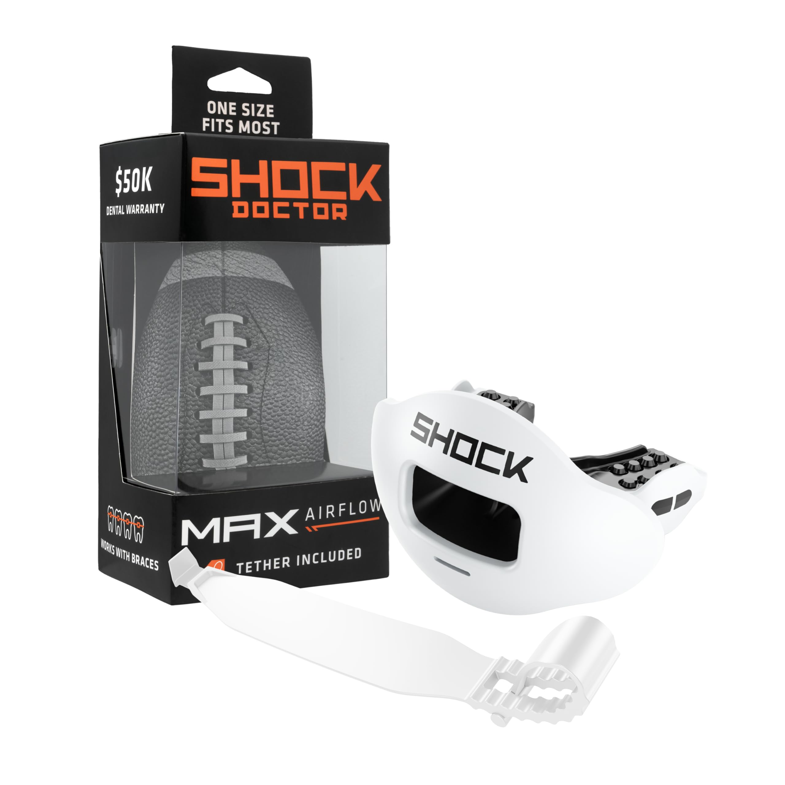 Shock Doctor Lip Guard, Adult and Youth Mouth Guard Football with Strap, Breathable Wide Opening Football Mouthpiece for Youth and Adults OSFA, Shock Doctor Mouth Guards, Max Airflow