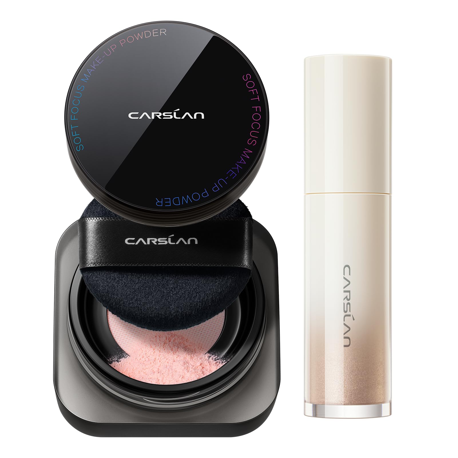 CARSLANSoft Focus Makeup Powder Waterproof Oil Control Setting Powder 04Pink and 3D Liquid Highlighter 02, Face Cosmetics Kit, 2Pcs