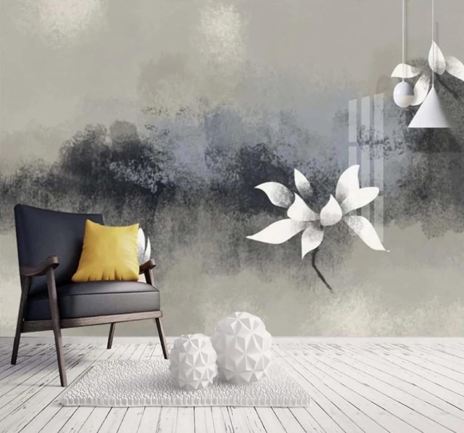 XLMING Abstract Grey Hand Drawn Lotus Art 3D Wallpaper Luxury Silk Study Dining Feature Sofa Grey Bedroom Living Room Tv Decorative Wall-250cm×170cm