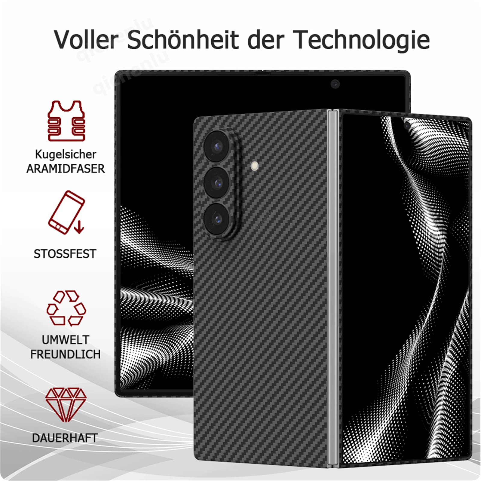 Kugelsicher Aramidfaser Aramid Hülle für Samsung Galaxy Z Fold 7,Extrem Stoßfest Ultraslim Backcover Case Hartschale mit Kamera Schutz - Schwarz